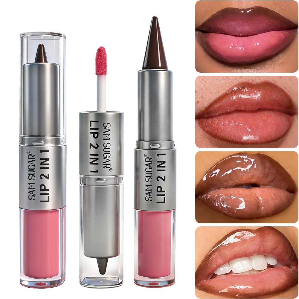 Lápiz Delineador de Labios 2en1 Cónico Degradado Marrón Nude Brillo de Labios Espejo Delineador de Labios Mate Impermeable Contorno de Labios Maquillaje No Pegajoso