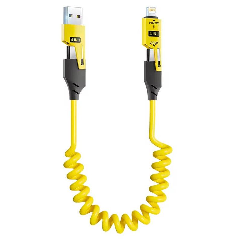 4 In 1 65W Spring Short Data Cable 6A USB Type C Spring Telescopic Quick Charger Wire Spring USB Cable for iPhone 15 14 13 12