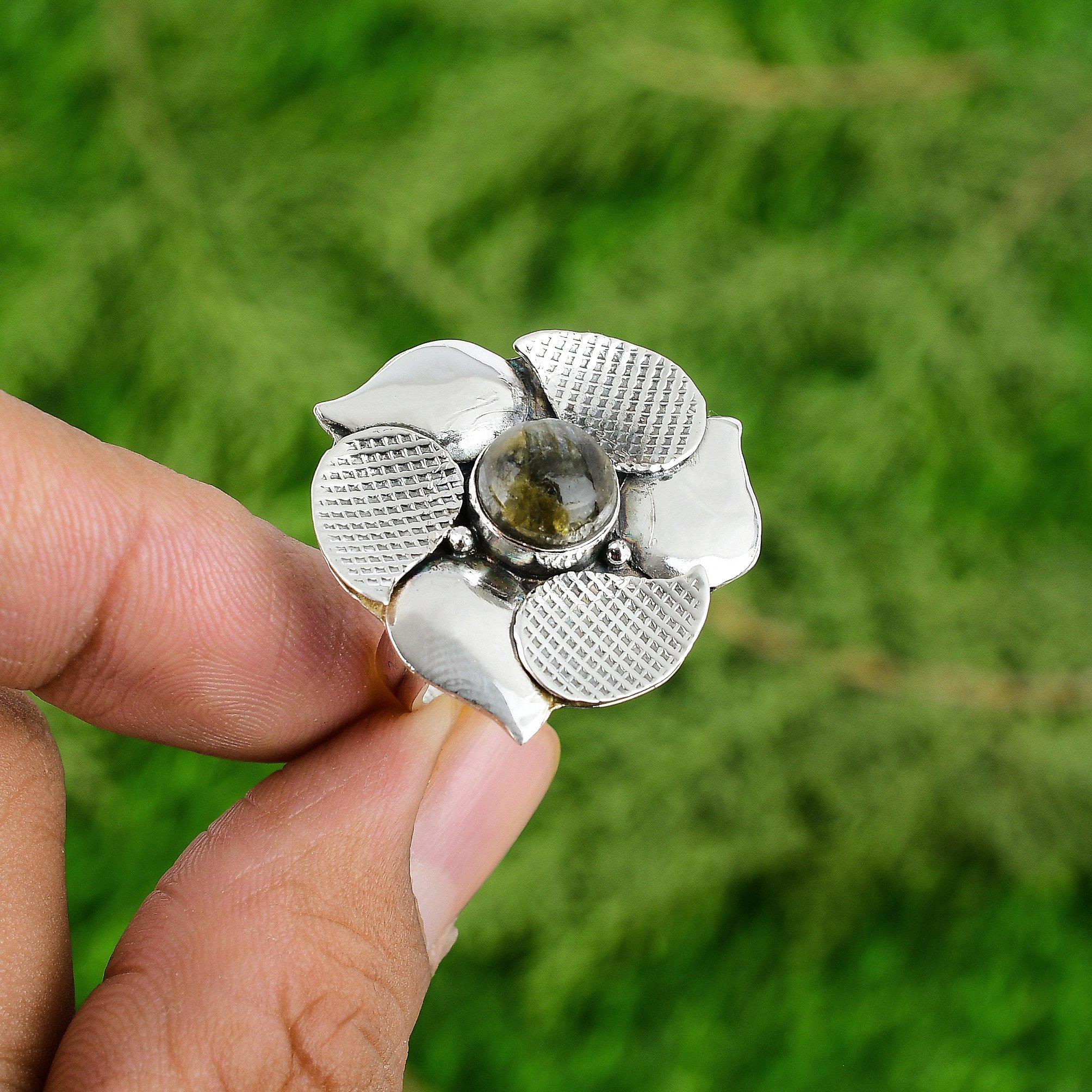 Natural Labradorite Gemstone Statement Flower Blue Adjustable Ring 925 Silver