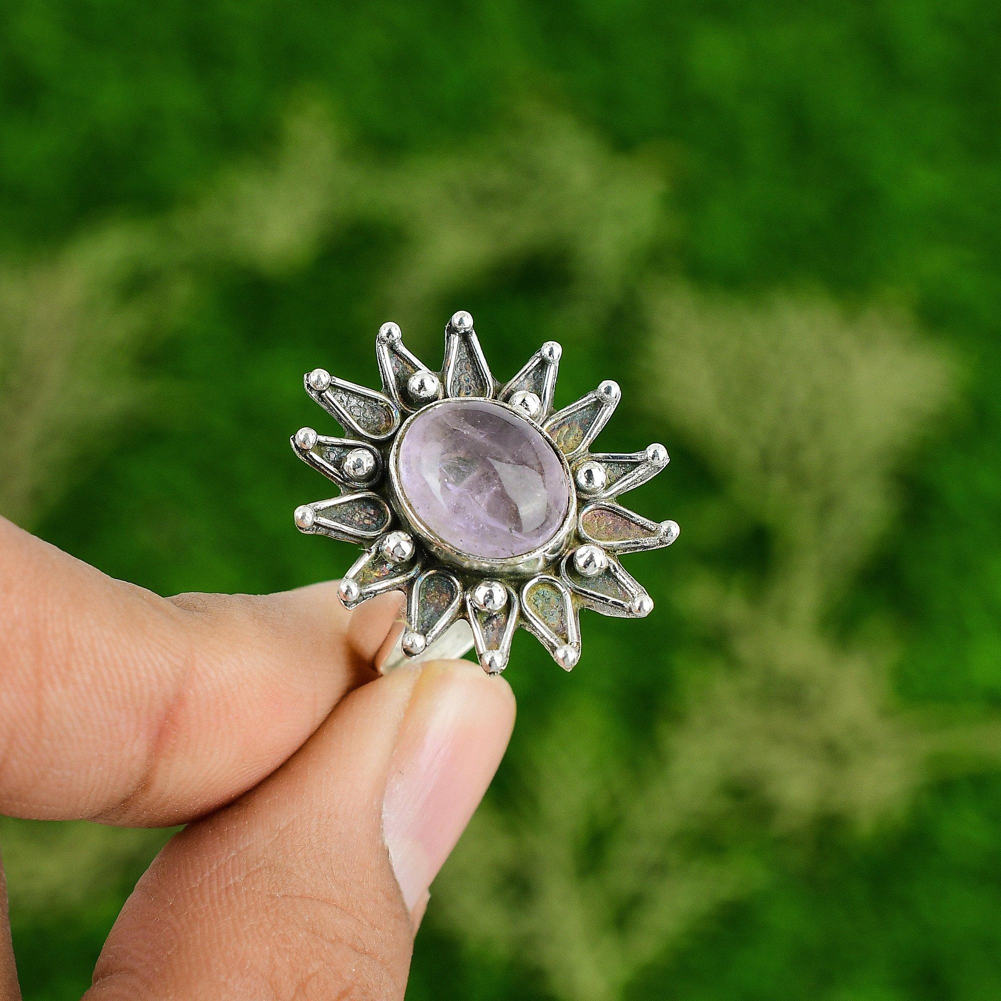 African Amethyst Gemstone 925 Silver Promise Statement Handmade New Flower Ring