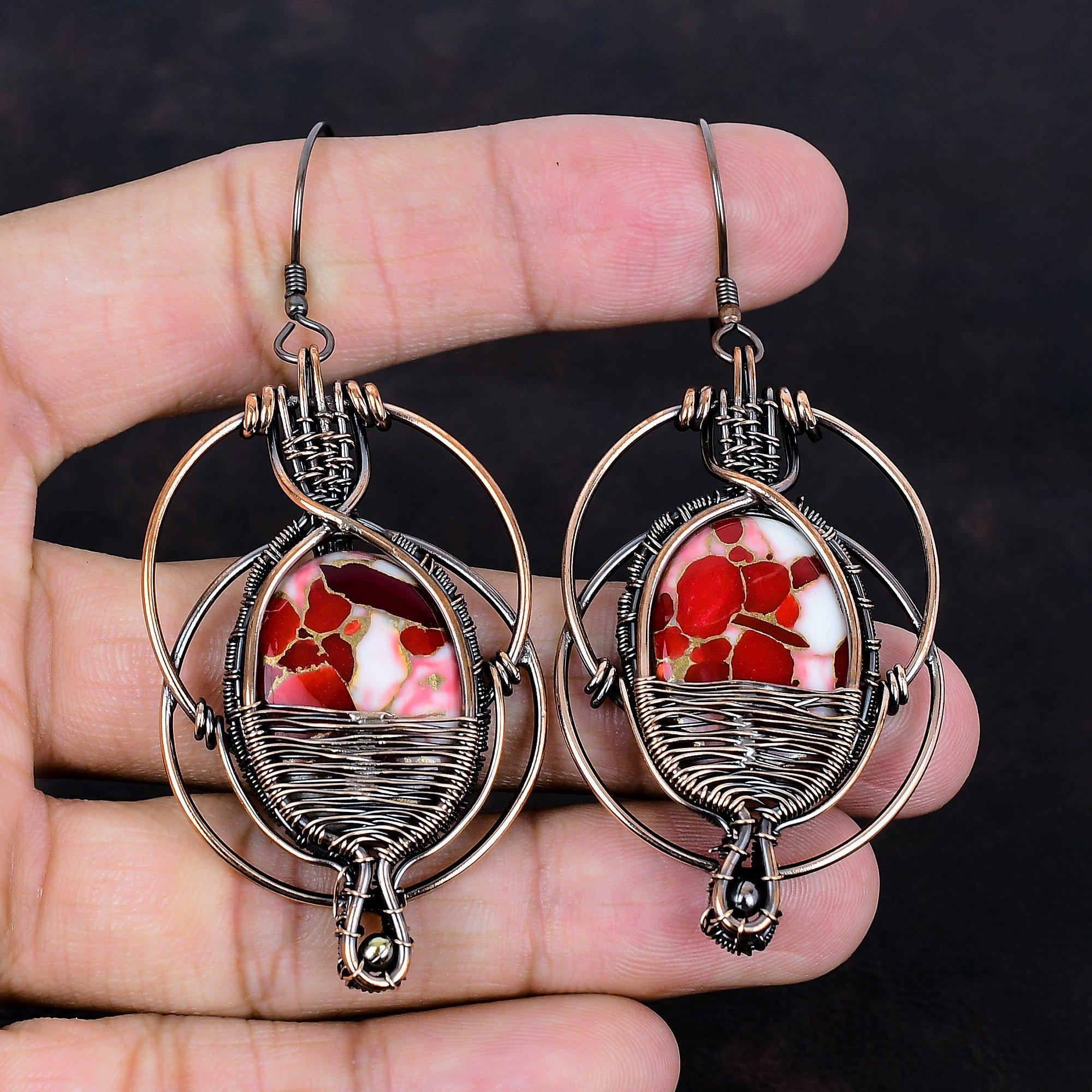Kingman Red Mohave Copper Turquoise Earring Copper Wire Wrapped Earring Gemstone Handmade Earring Copper Wire Jewelry Designer Drop Earrings