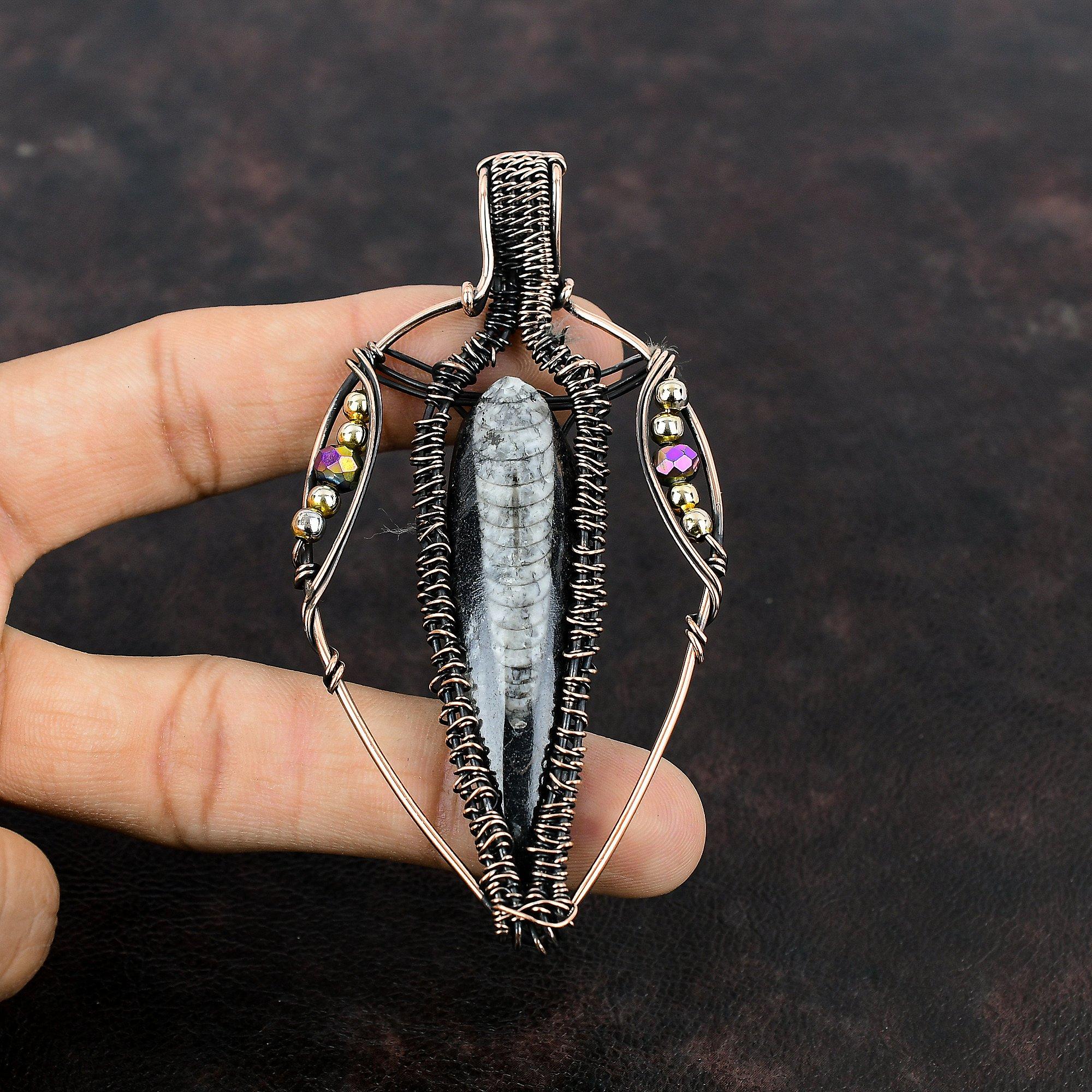 Orthoceras Fossil Copper Pendant Wire Wrapped Pendant Handmade Titanium Beads Pendant Copper Designer Jewelry Gemstone Pendants Gift For Mom