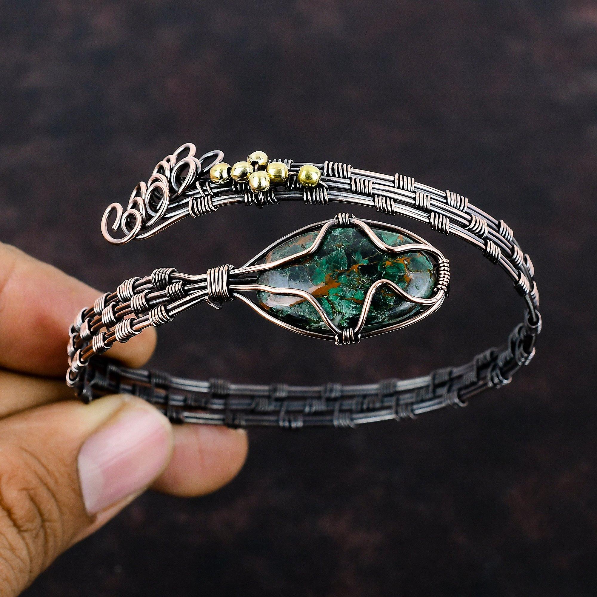 Cuprite Chrysocolla Bangle Copper Wire Wrapped Cuff Bracelet Gemstone Jewelry Adjustable Bangle Gift For Her Handmade Jewelry Copper Bangle