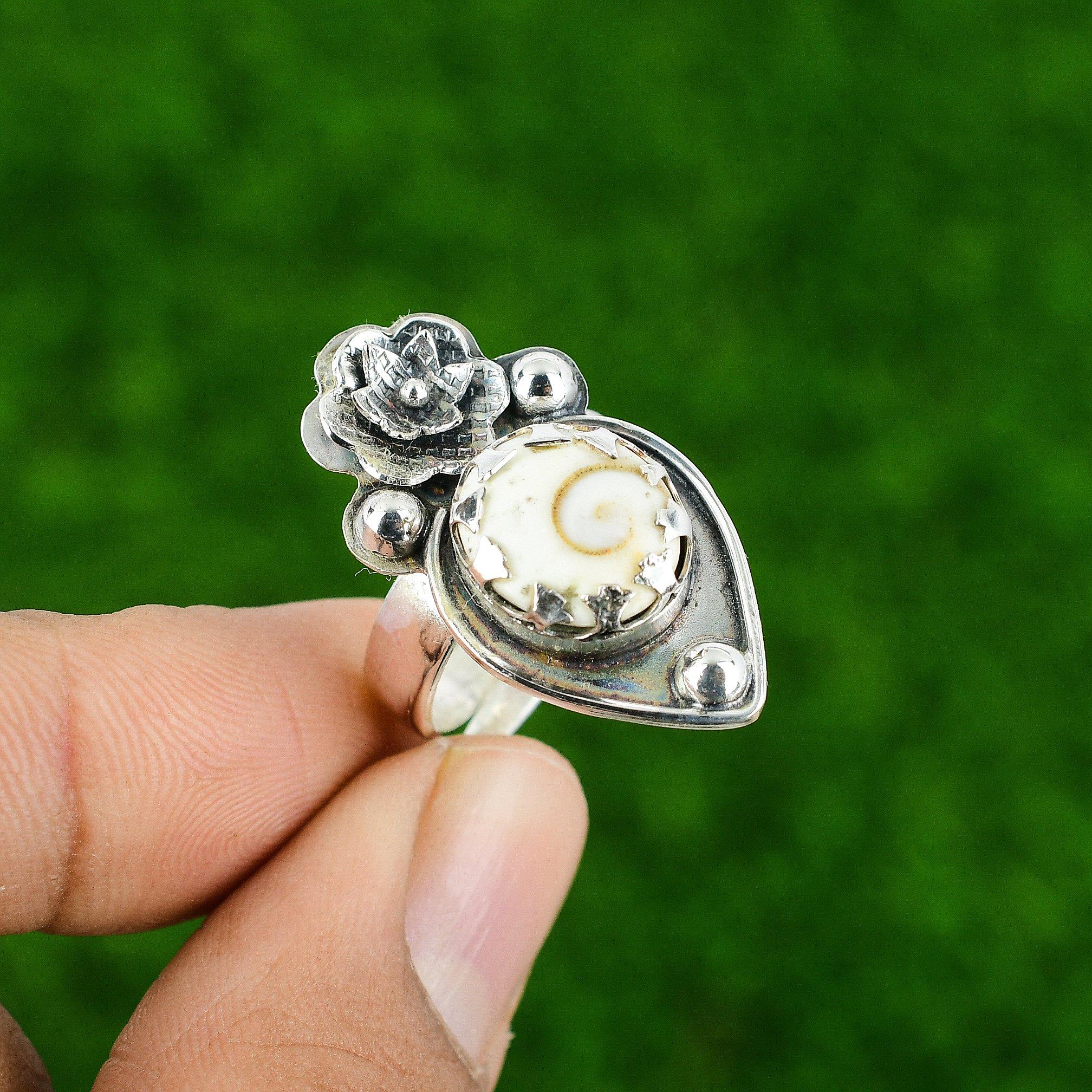Gift For Her Natural Shiva Eye Shell Statement Flower Adjustable Ring 925 Silver