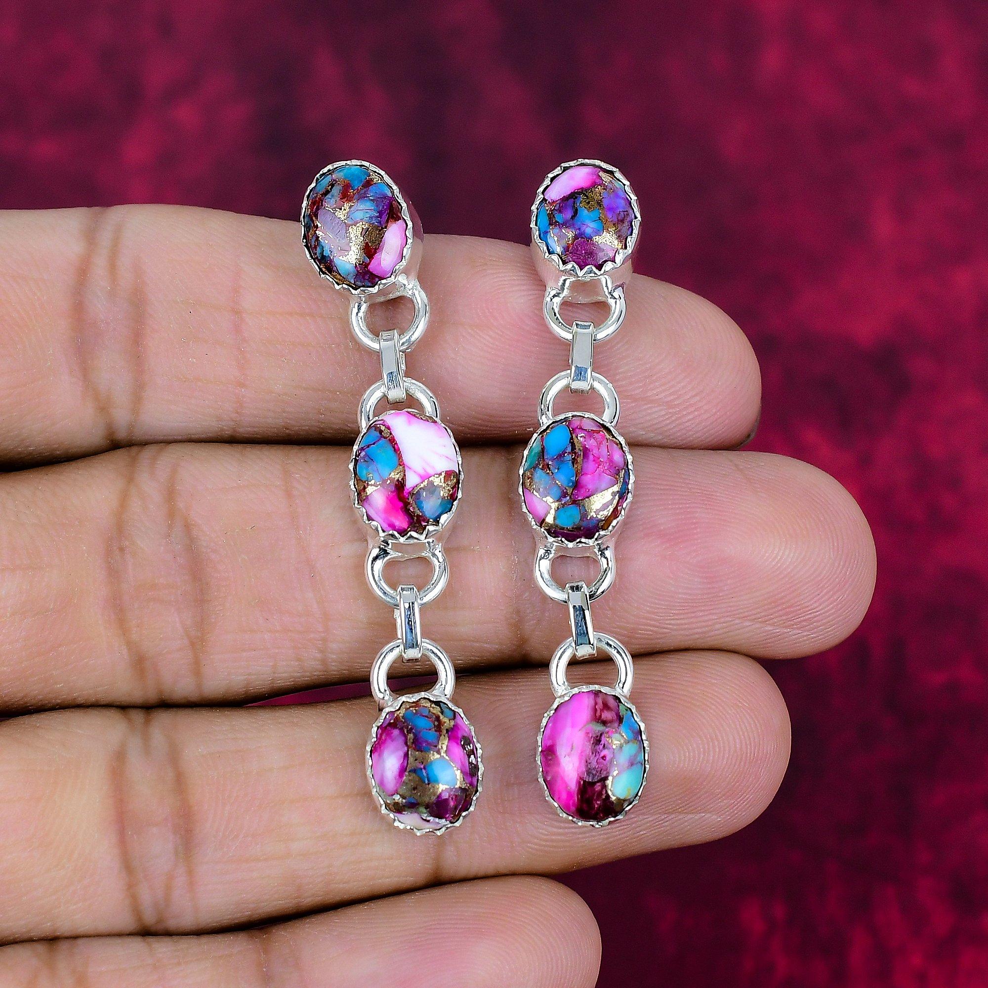 Pink Spiny Copper Turquoise Earrings, Handmade Gemstone Earrings, 925 Solid Sterling Silver Earrings Antique Jewelry, For Engagement Gift
