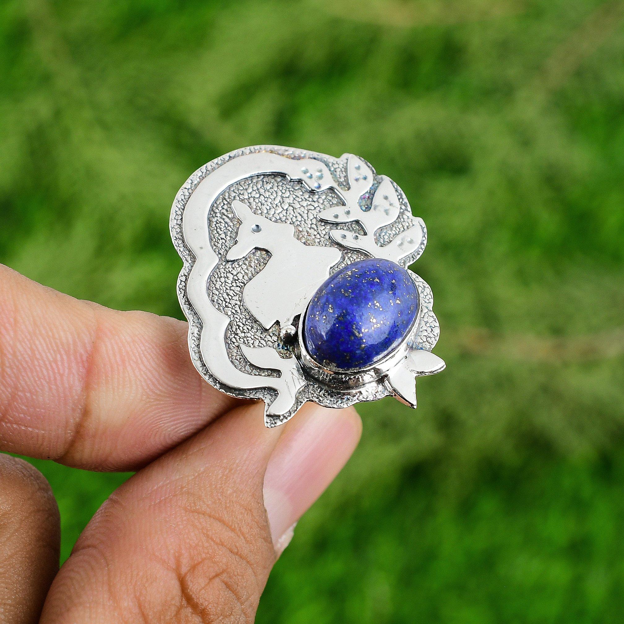 Sterling Silver Oval Lapis Lazuli Gemstone Throat Chakra Bezel Wife Ring Jewelry