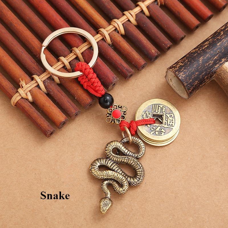 Pure Brass 12 Zodiac Keychain Přívěsek Pět císařů Peníze Přívěšek na klíče pro štěstí Kreativní 3D Rok narození Ženy Muži Taška Přívěsek Novoroční dárky