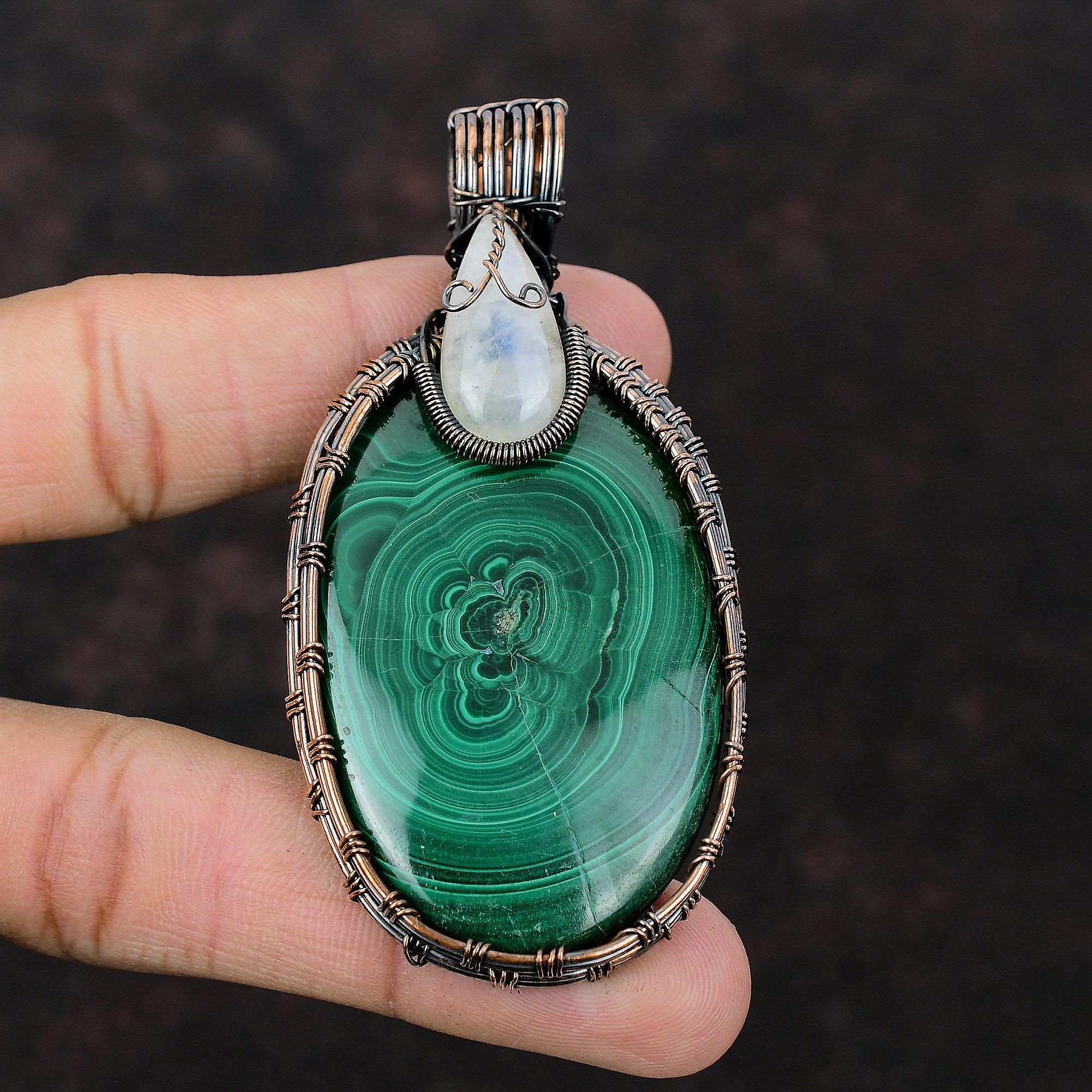 Malachite Pendant Copper Wire Wrapped Pendant Rainbow Moonstone Pendant Very Pretty Gemstone Pendant Handmade Copper Jewelry Engagement Gift