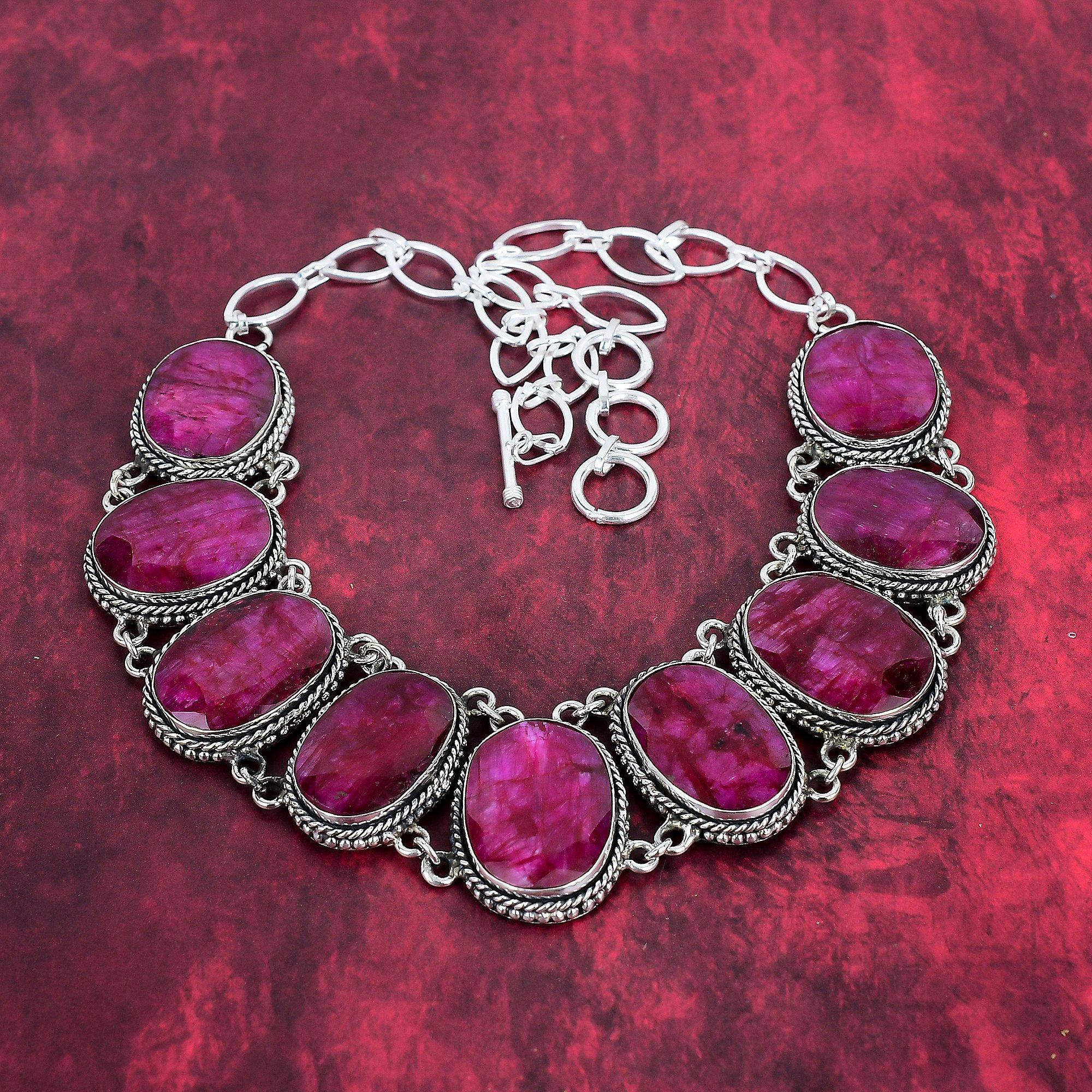 Kashmiri Red Ruby Necklace Handmade Gemstone Jewelry, 925 Solid Sterling Silver Necklace Antique Jewelry, Adjustable Chain Necklace Engagement Gift