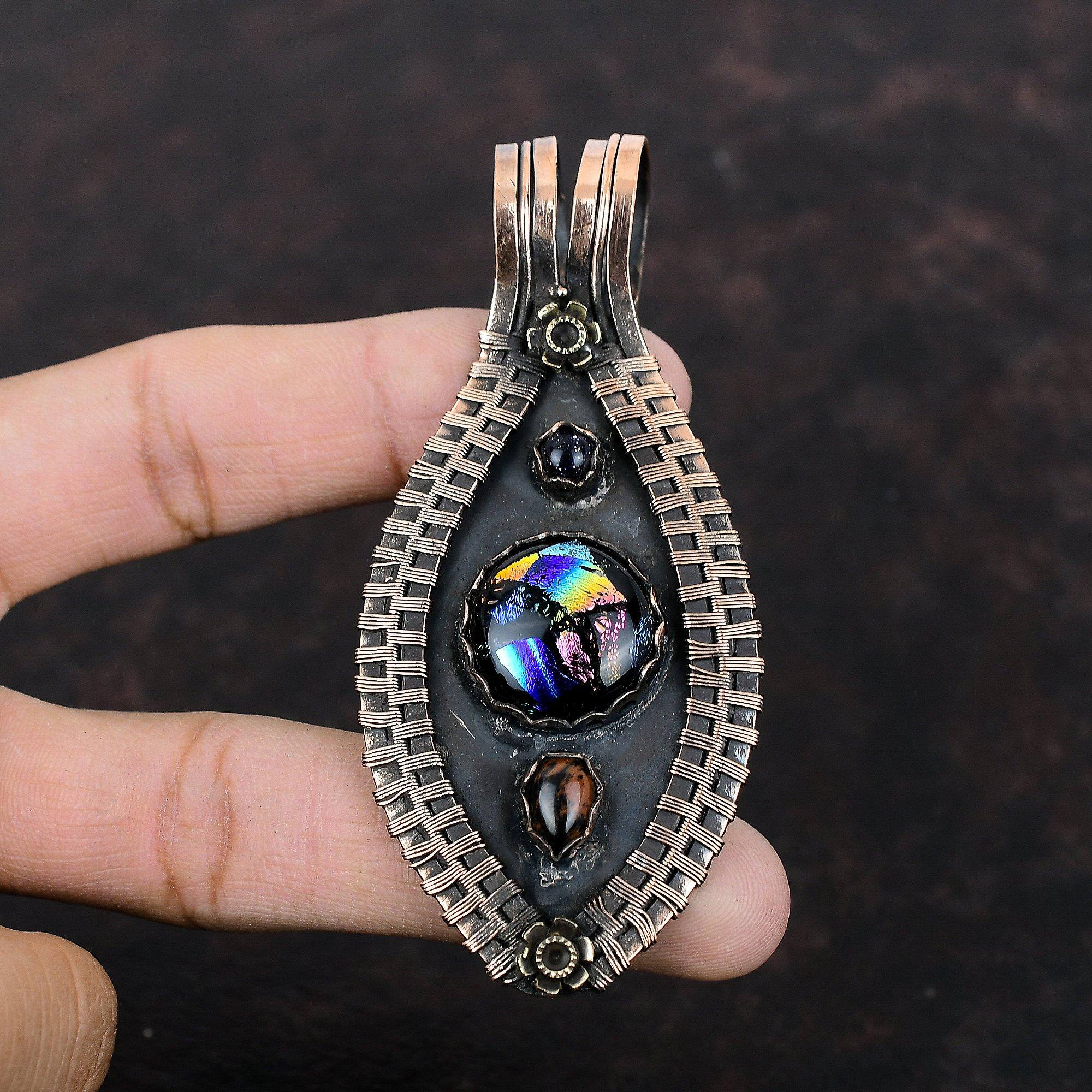 American Dichroic Glass Pendant Mahogany Obsidian And Blue Sunstone Pendant Copper Wire Wrapped Gemstone Pendant Handmade Jewelry For Gift