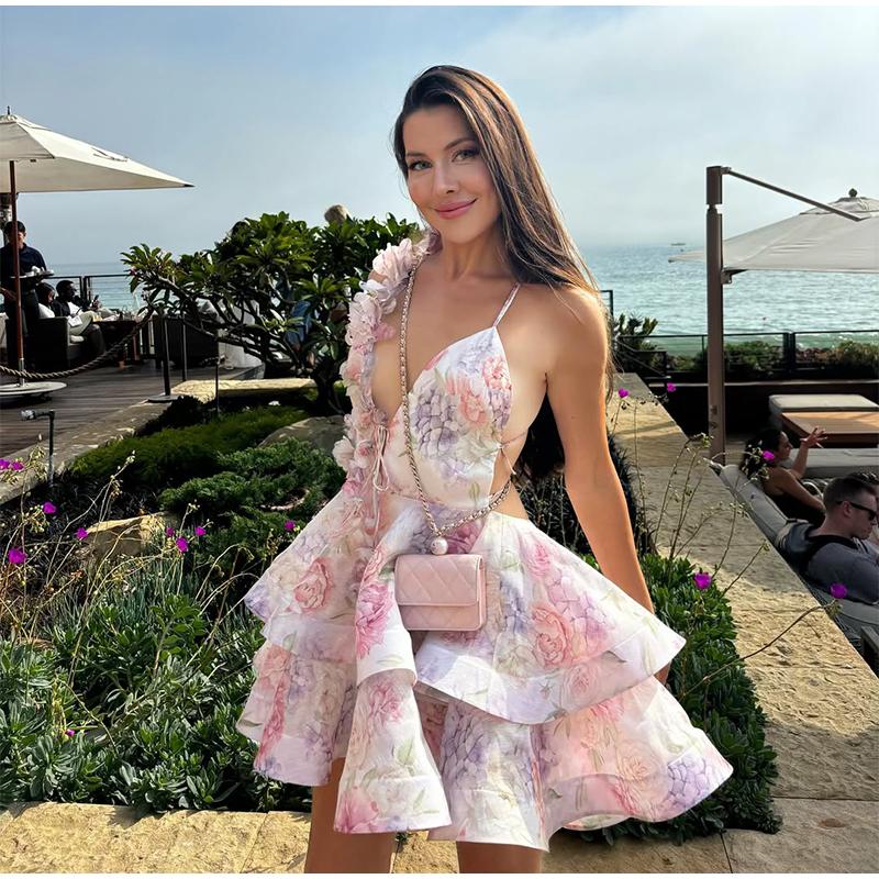 3D Flowers Lace Up Halter Dress Woman Printed Layered Backless Deep V-Neck Pleated Puffy Dress Fashion Women Summer Beach Dress