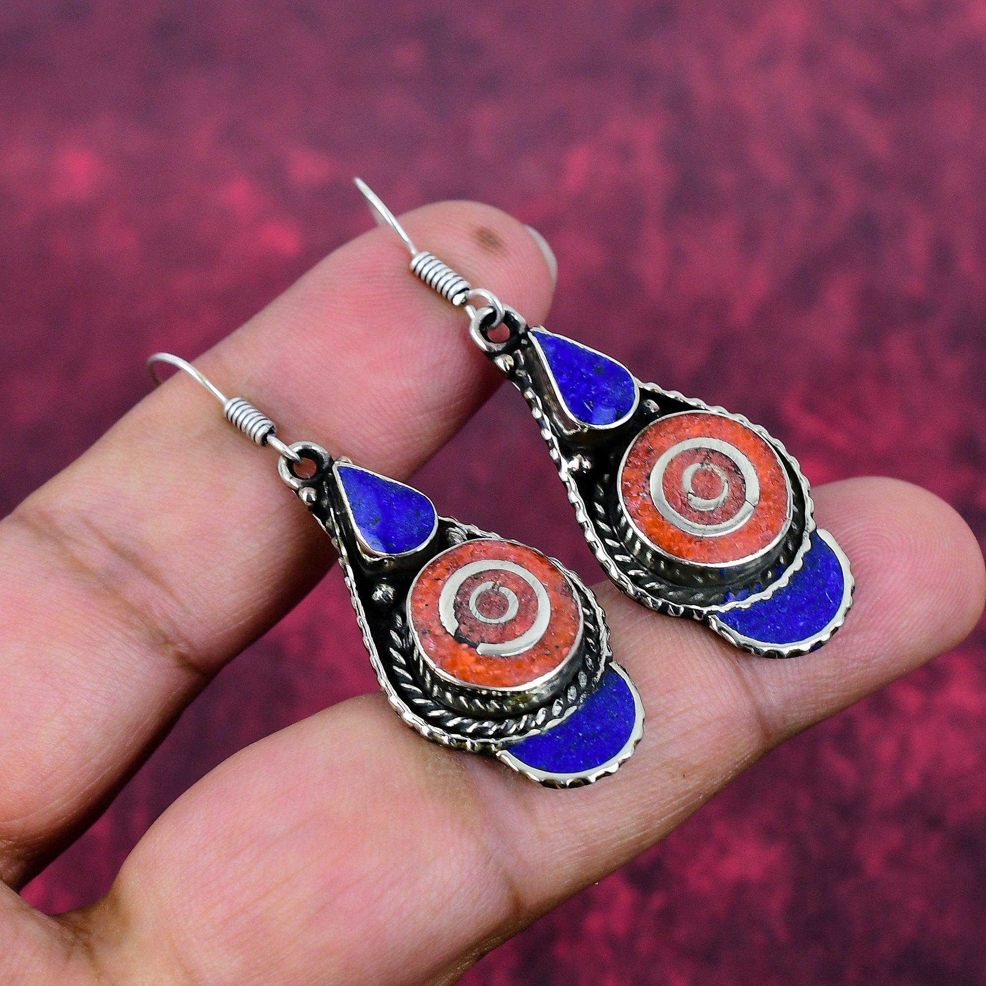 Coral & Lapis Lazuli 925 Solid Sterling Silver Nepali Earrings, Handmade Gemstone Earrings Jewelry, Gifts For Wife Brand New Earrings