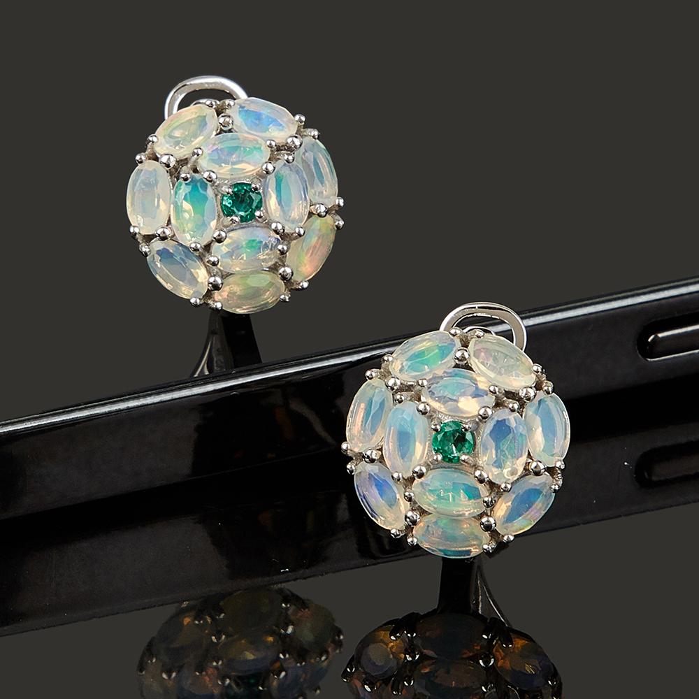 925 Sterling Silver Opal Emerald Clasp Earrings Natural Colorful Gemstone Fine Jewlery for Women Daily Wear
