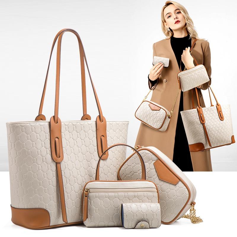 New Embossed Large Tote Bag High Quality PU Ladies Handbag Trendy Single Shoulder Oblique Span Bag Large Capacity Women's 4 Pcs Set Mother-child Bag