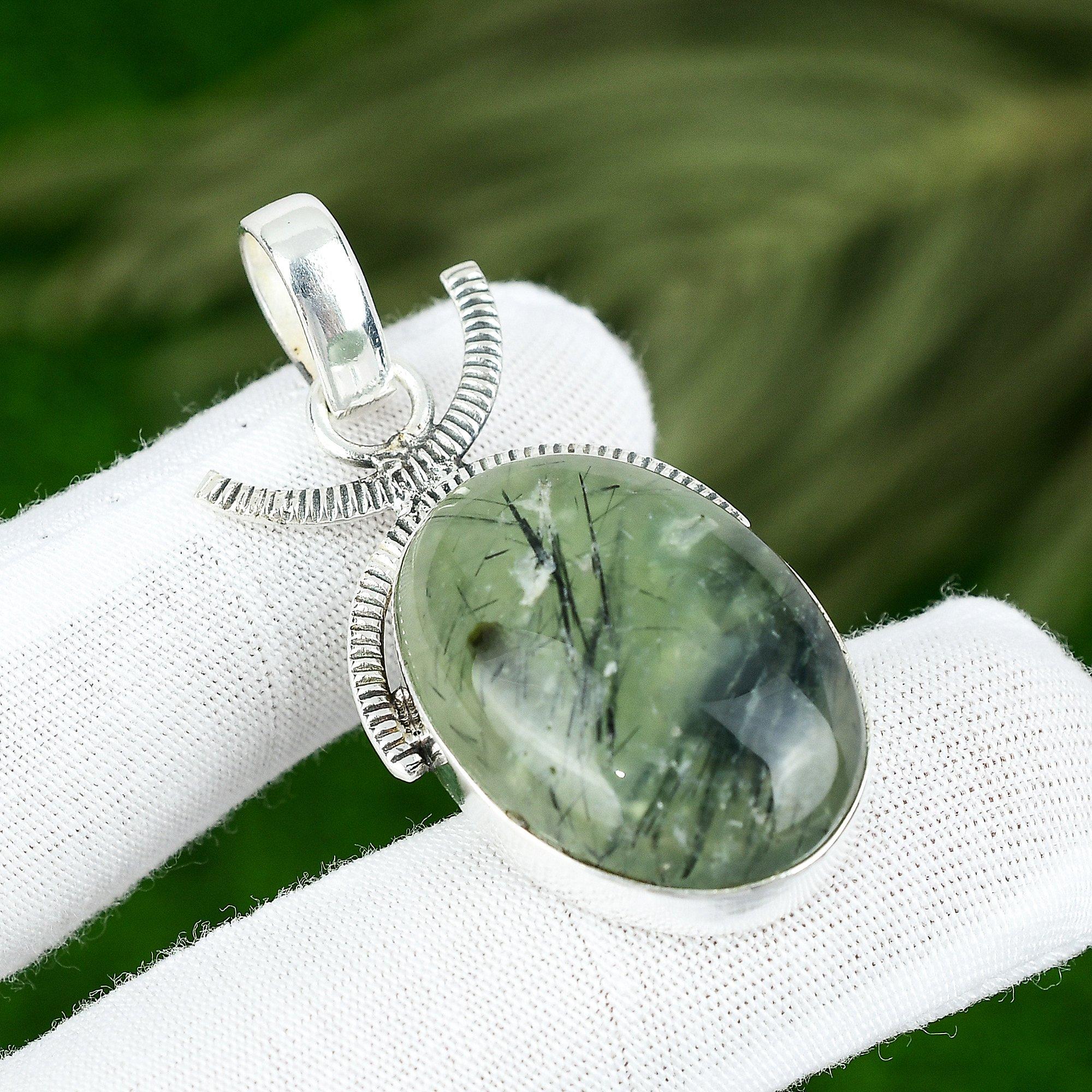Natural Moss Prehnite Gemstone Jewelry 925 Sterling Silver Pendant For Girls