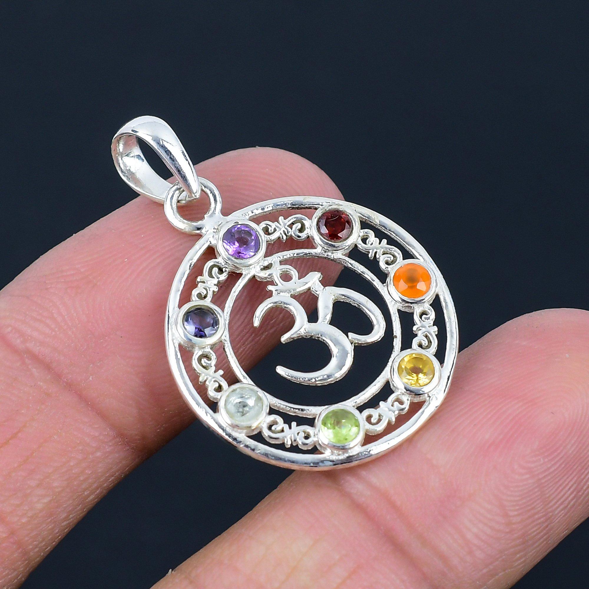Přívěsek z přírodního kamene Seven Chakra Om Shiva, 925 mincovní stříbro, ručně vyrobený přívěsek jako šperk na Valentýna