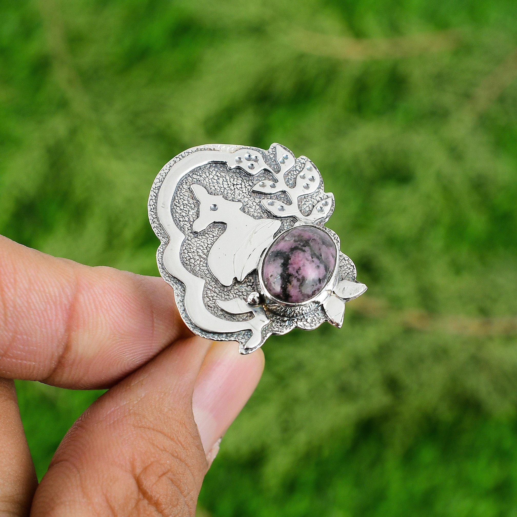 925 Sterling Silver Natural Rhodonite Birthday Wife Stackable Bezel Ring Jewelry
