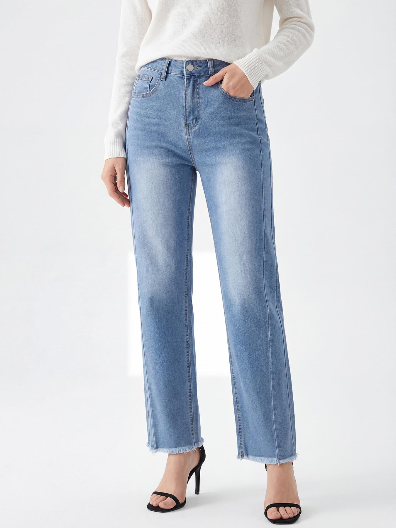 Puffanpop Women's Stretchy High Waisted Straight Leg Jeans Comfortable Denim Pants with Frayed Raw Hem Casual Trousers