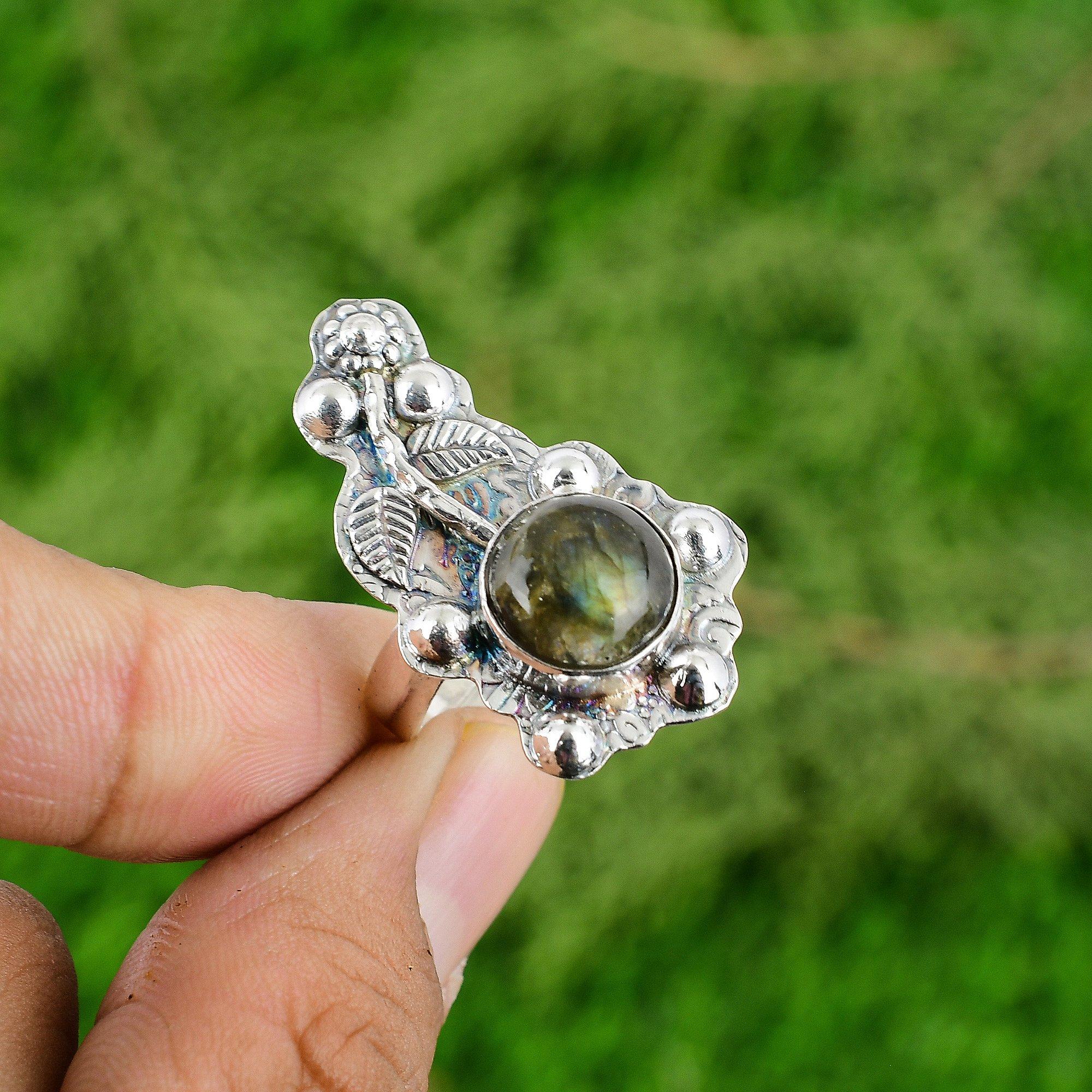 Mothers day Sale 925 Silver Natural Labradorite Solitaire Flower Wife New Ring