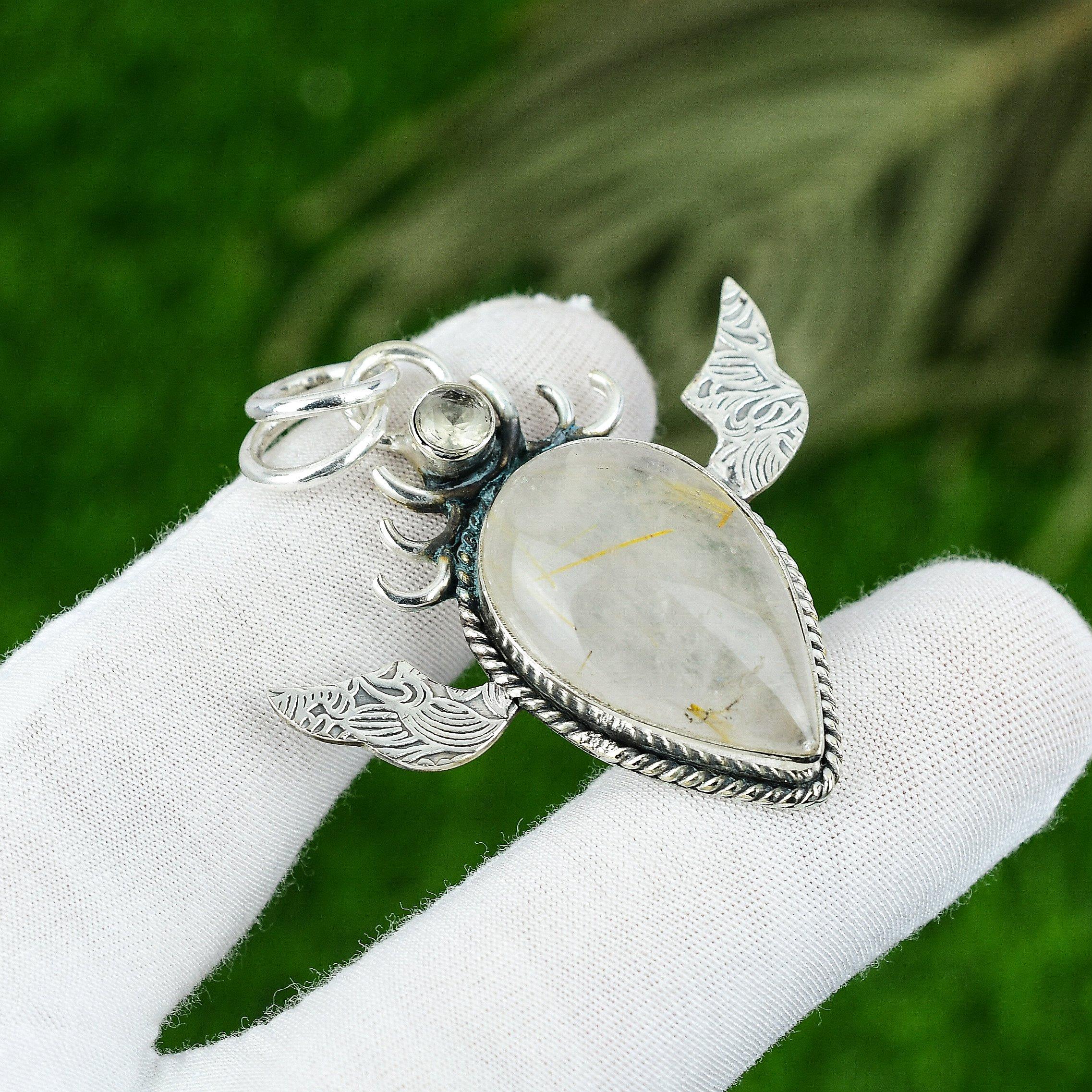 Golden Rutile Gemstone Topaz Sterling Silver Handcrafted Boho Pendant Jewelry