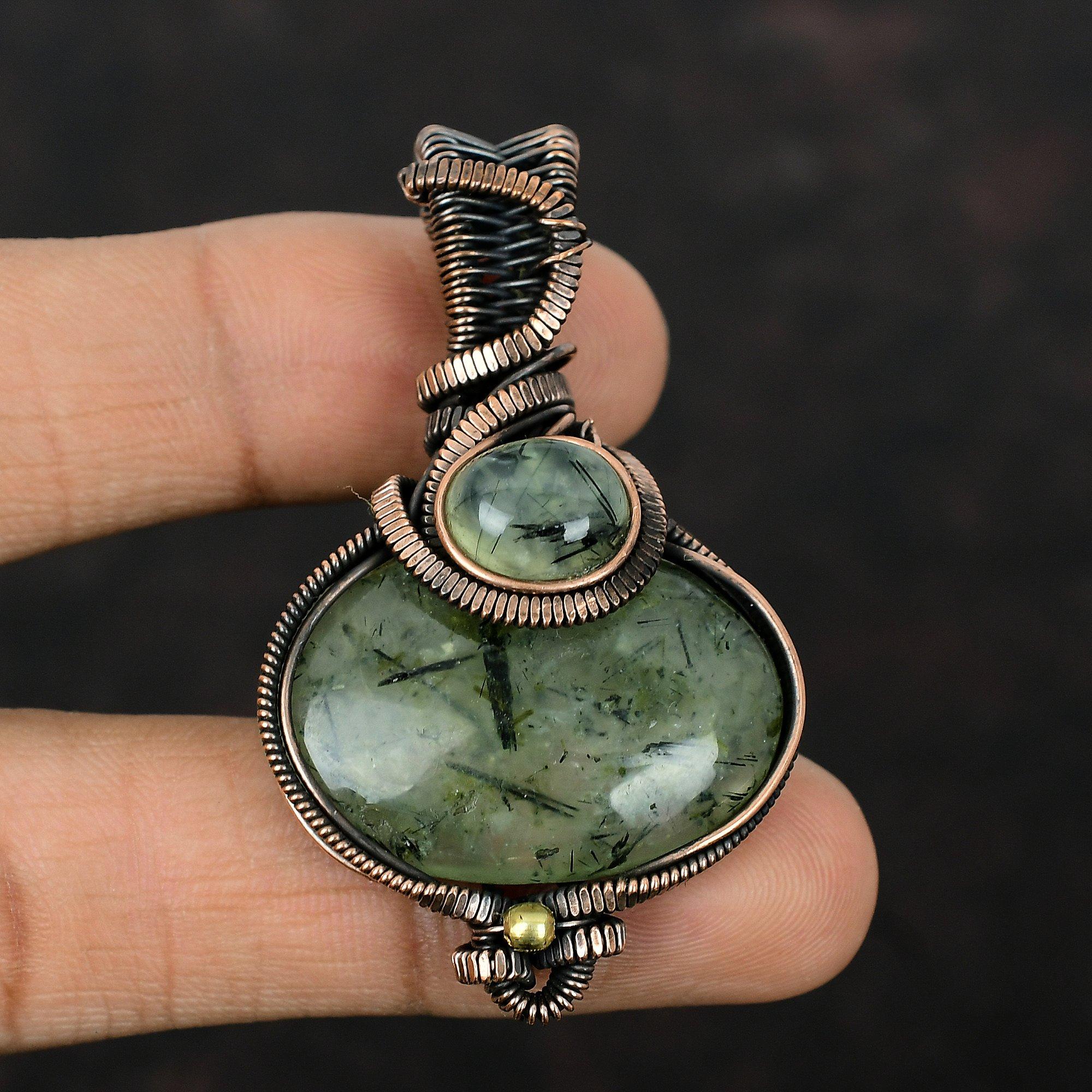 Moos Prehnit Anhänger Kupferdraht Gewickelter Anhänger Handgemacht Edelstein Anhänger Kupferdraht Schmuck zierlicher Anhänger Geschenk für Ihn Designer Anhänger
