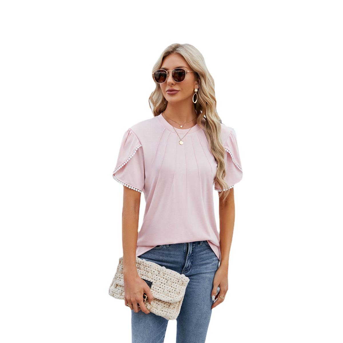 Summer Women's T-Shirt Solid Color Round Neck Pull Stripe Pearl Petal Sleeve Ruffled Short Sleeve Top