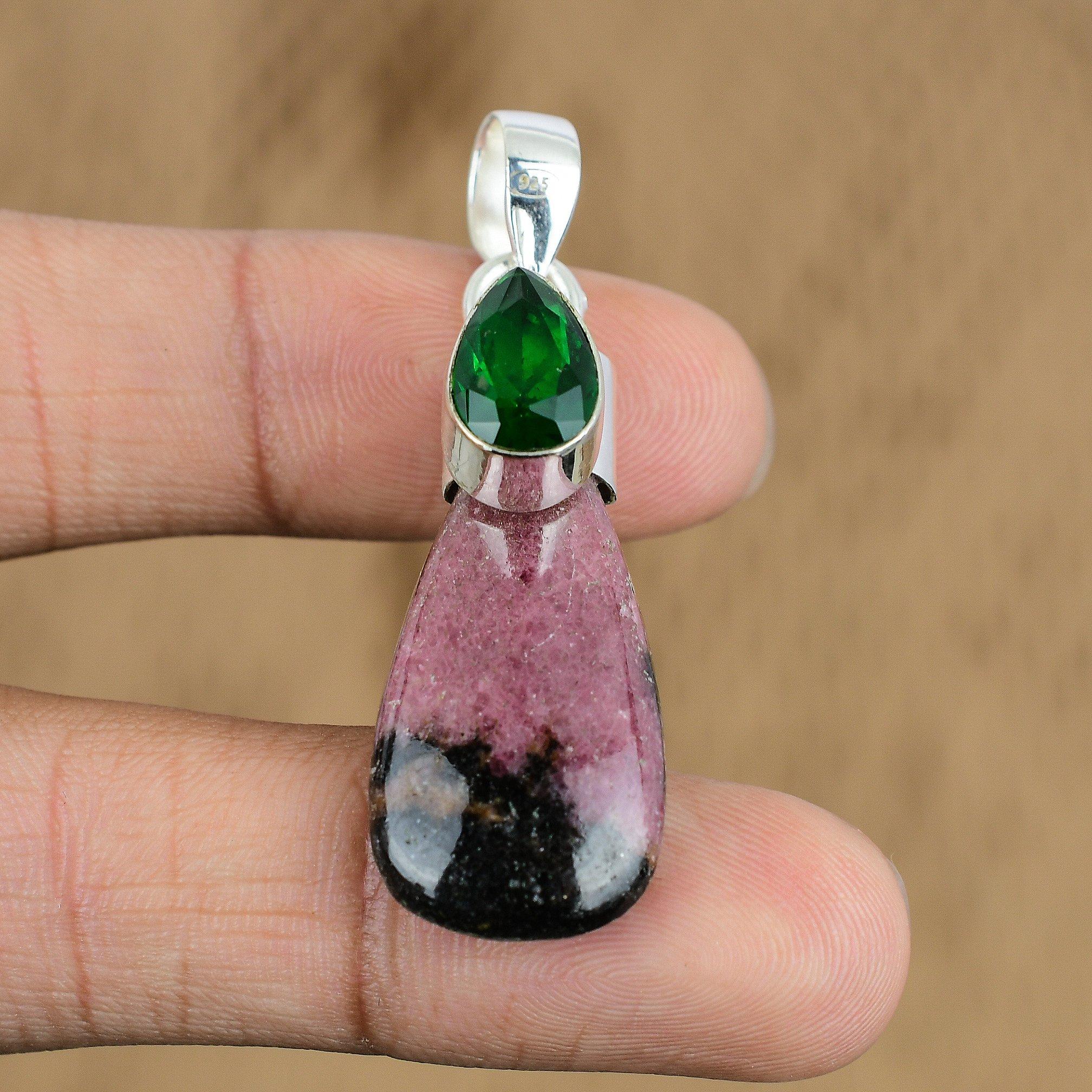 Cadou aniversar pentru ea Pandantiv cu piatră prețioasă Rodonit naturală Argint Sterling 925