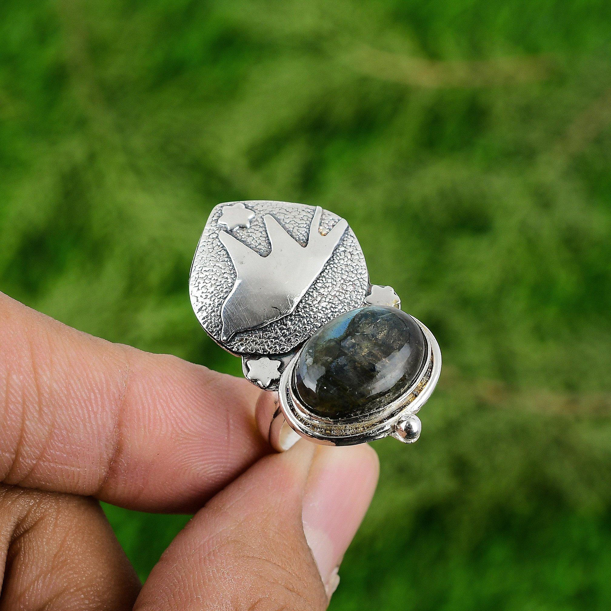 Gift For Women Stackable Bird Adjustable Ring 925 Silver Natural Labradorite
