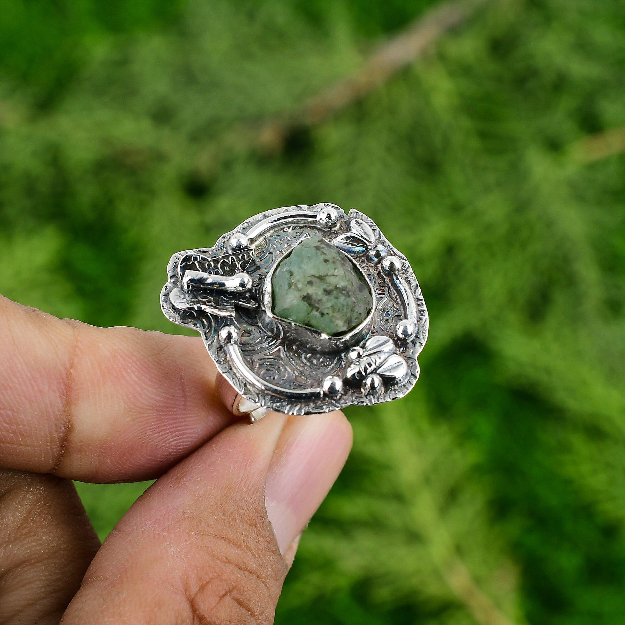 Mothers day Deal Chrysoprase Rough Stone Promise Bezel Ring 925 Sterling Silver