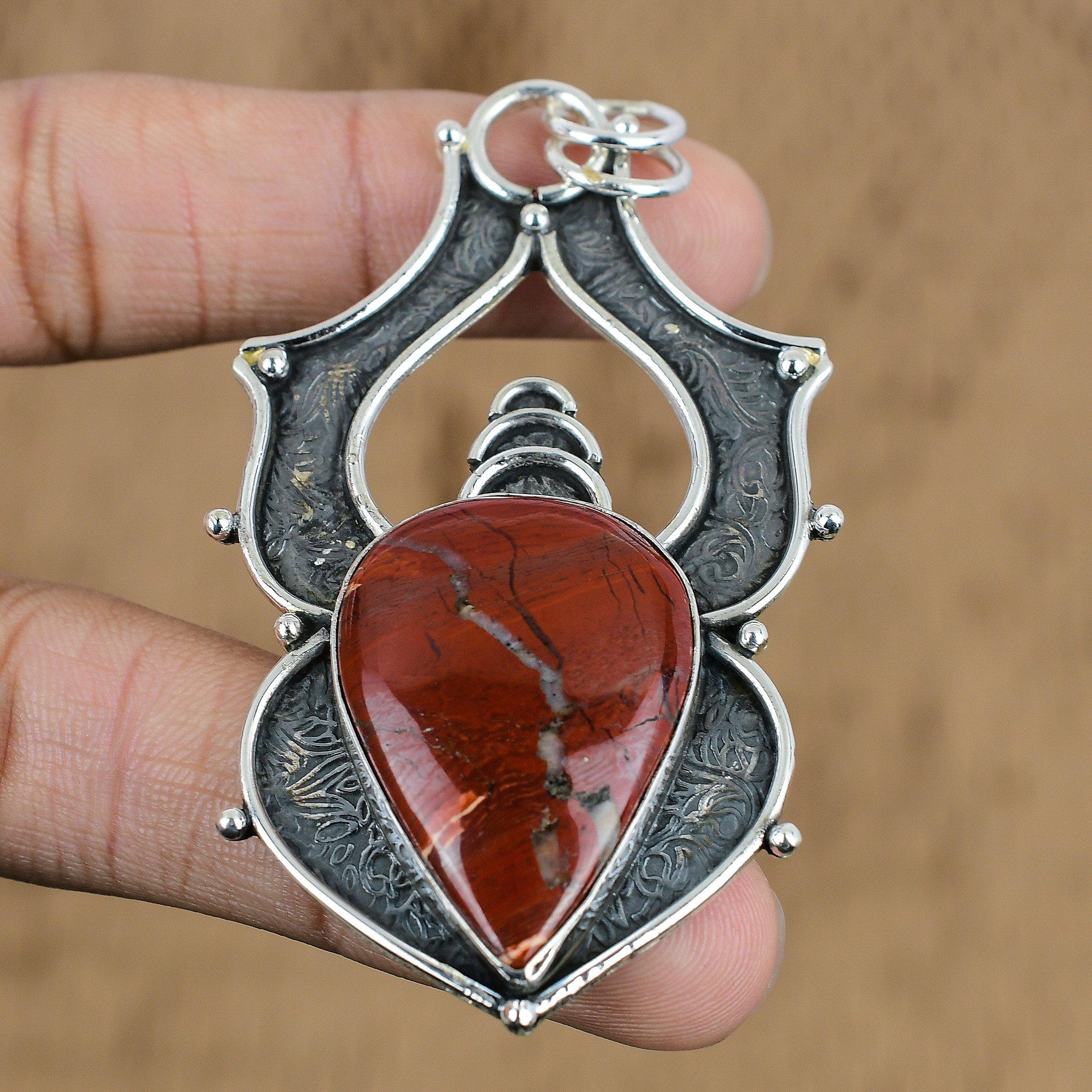 Wedding Gift For Her 925 Silver Natural Red Snakeskin Jasper Gemstone Pendant