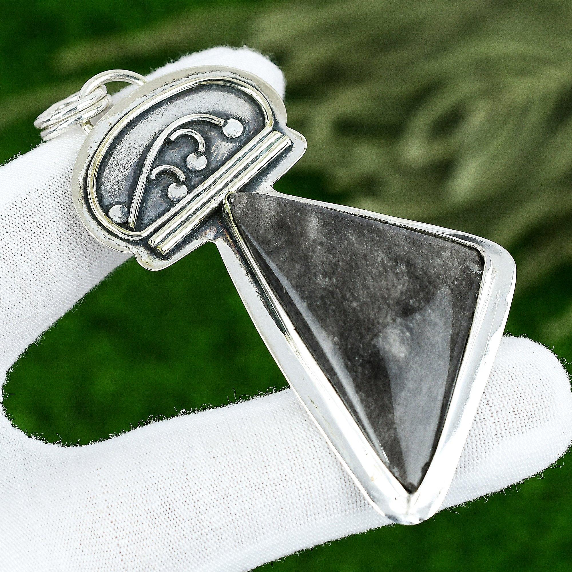 Sterling Silber Trillion Natürlicher Silberglanz Obsidian Lünette Neuer Anhänger Schmuck