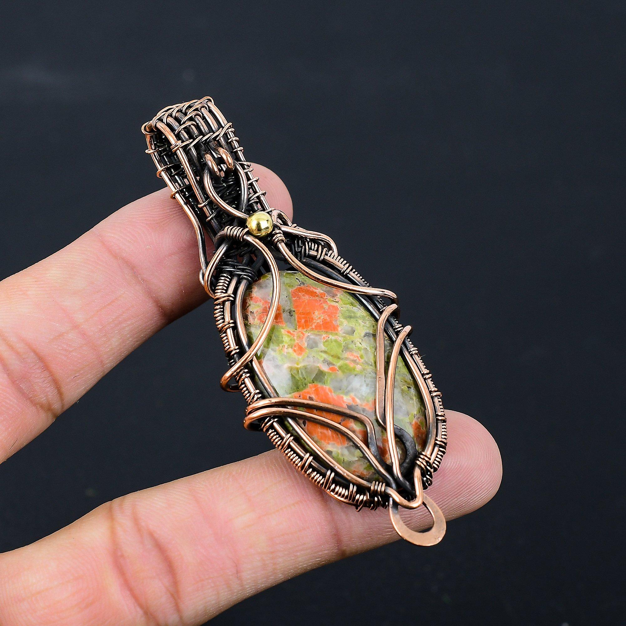 Unakite Gemstone Pure Copper Wire Wrapped Handmade Pendant Jewelry Gift For Her