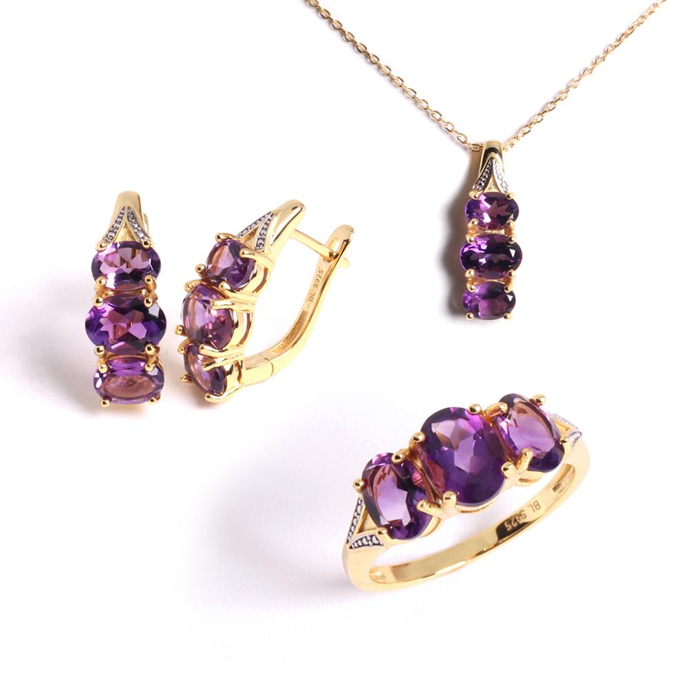 925 Sterling Silver Natural African Amethyst Ring Earrings Pendant Necklace Set Fashion Women's Birthday Exquisite Gift