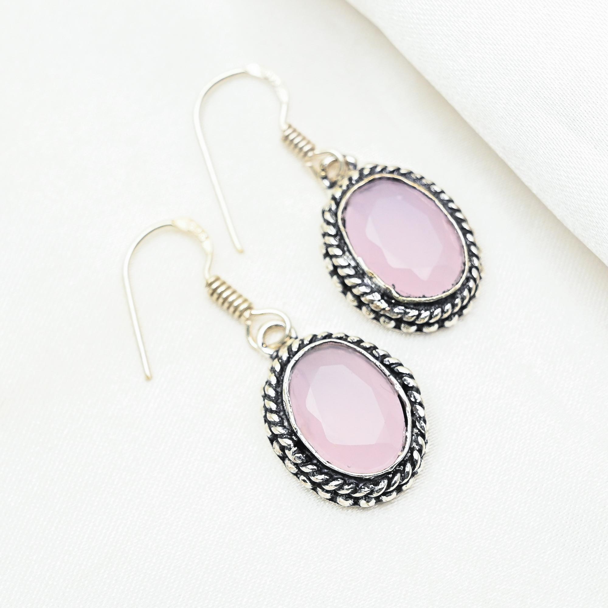 Pink Chalcedony Earrings Gemstone Jewelry, 925 Solid Sterling Silver Handmade Earrings, Latest Design Jewelry
