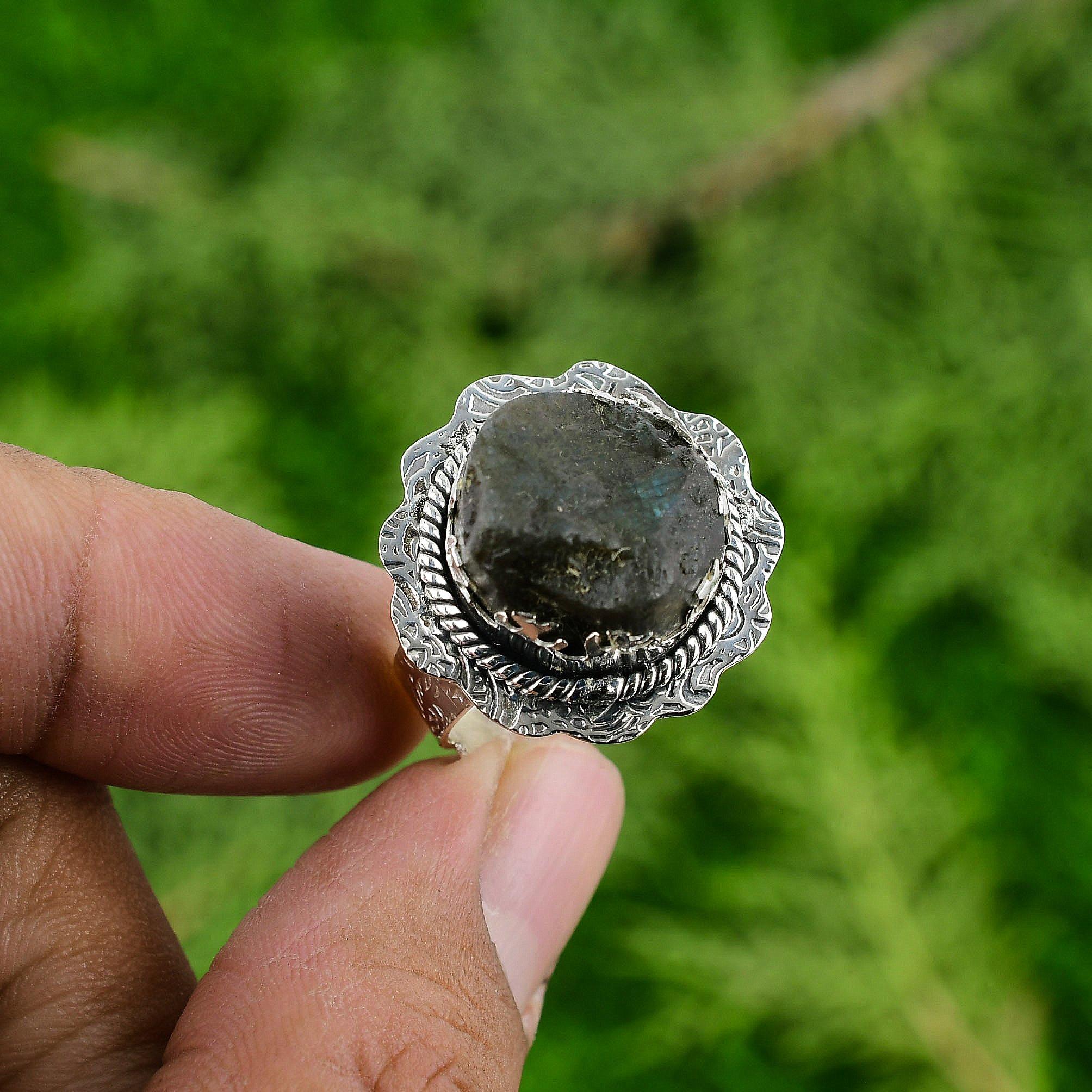 Mothers day Sale 925 Sterling Silver Natural Labradorite Rough Multi Stone Ring