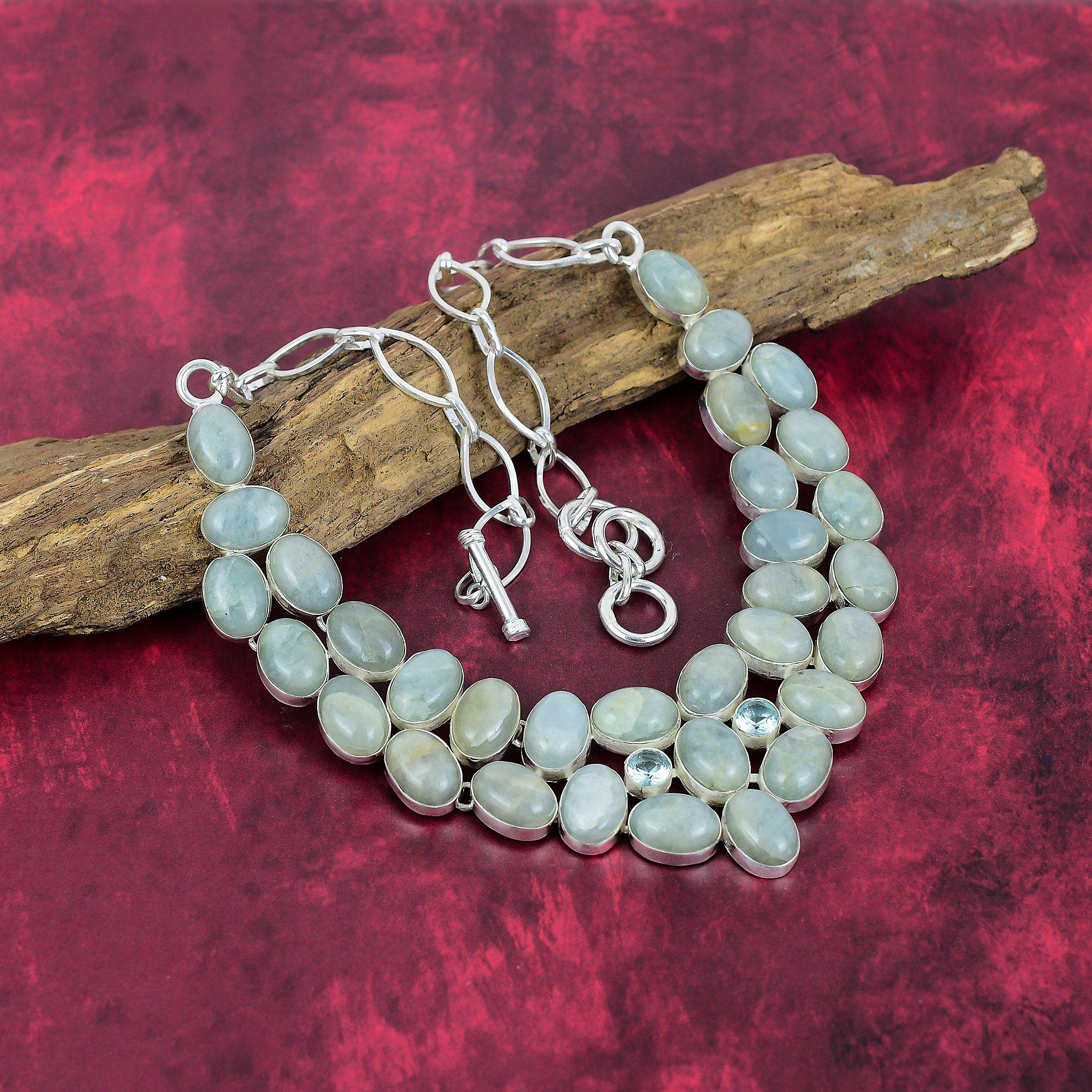 Aquamarine 925 Solid Sterling Silver Necklace with Adjustable Chain, Handmade Gemstone Jewelry Necklace For Memorial Day