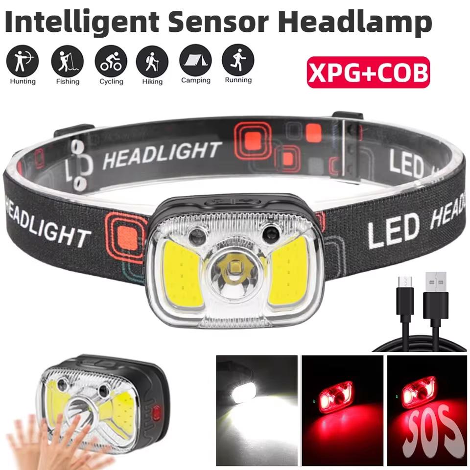 LED hodelykt USB oppladbar hodelykt hodelykt 7 gir Super Bright COB LED hodelykt Bevegelsessensor hodelykt 1200mAh