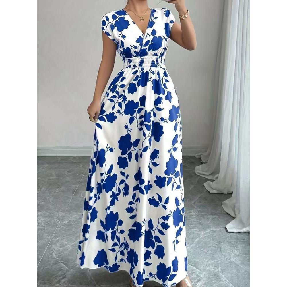 Nuevo Vestido Largo Estampado de Verano con Cuello en V y Manga Corta con Lazo para Mujer Cintura Ajustada
