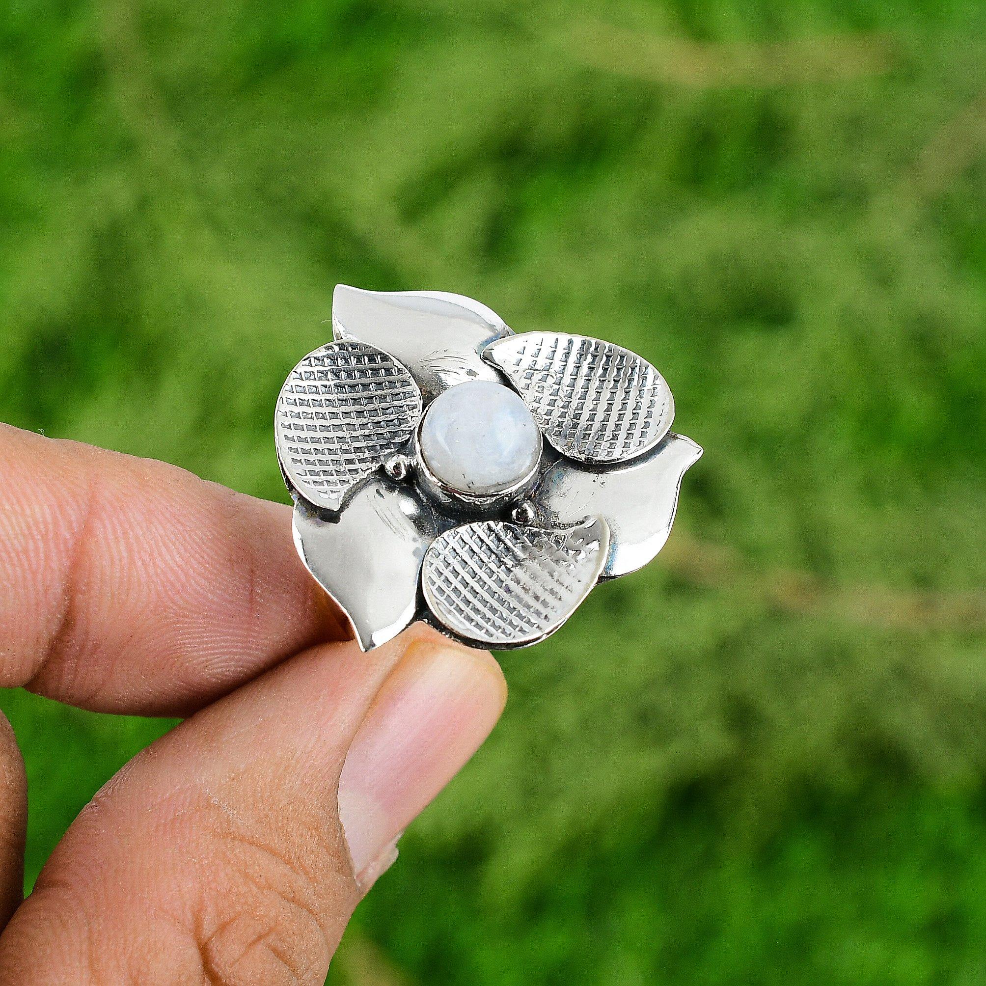 Natural Rainbow Moonstone Gemstone Statement Flower Adjustable Ring 925 Silver