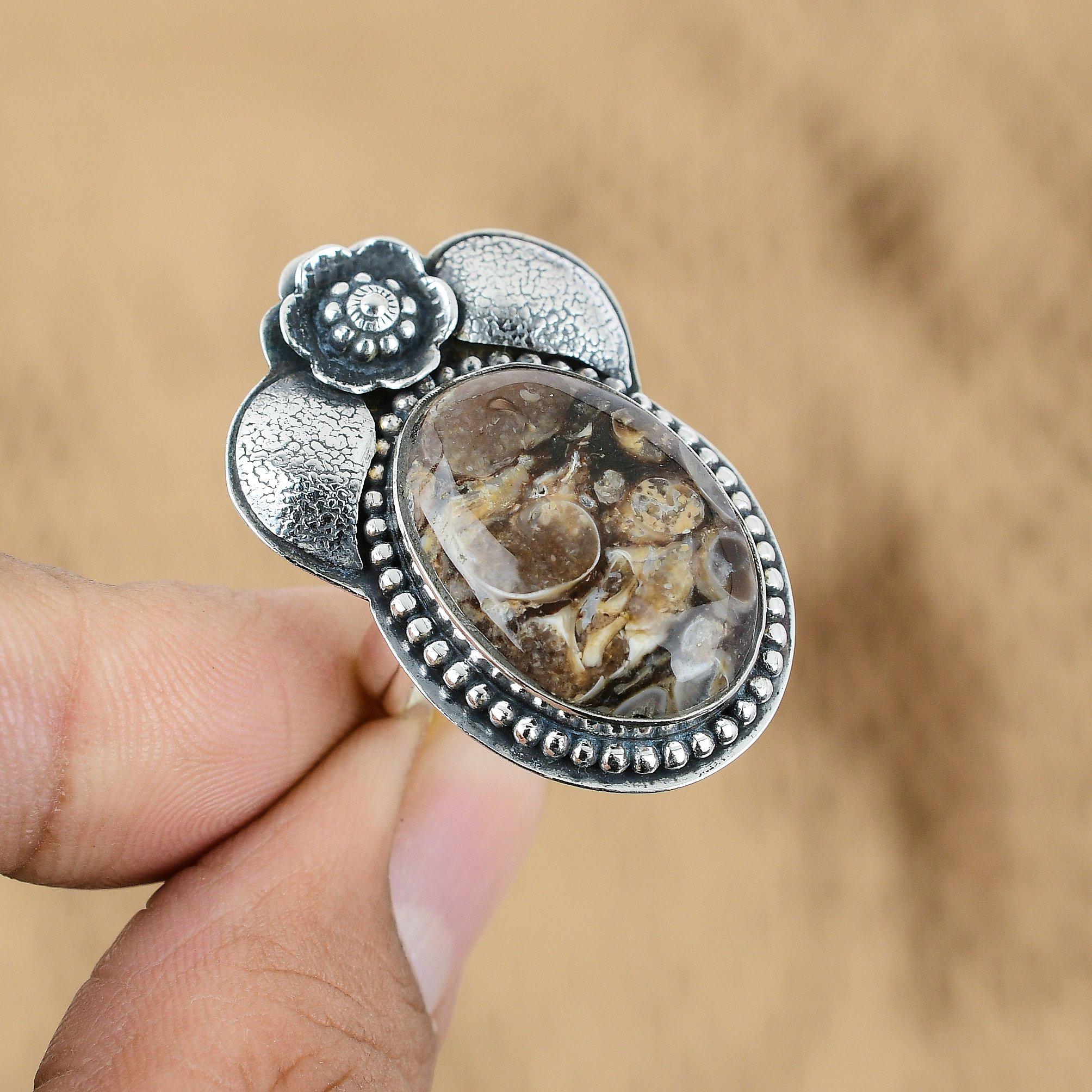 Oval Turritella Agate Gemstone Statement Promise Flower Ring 925 Sterling Silver