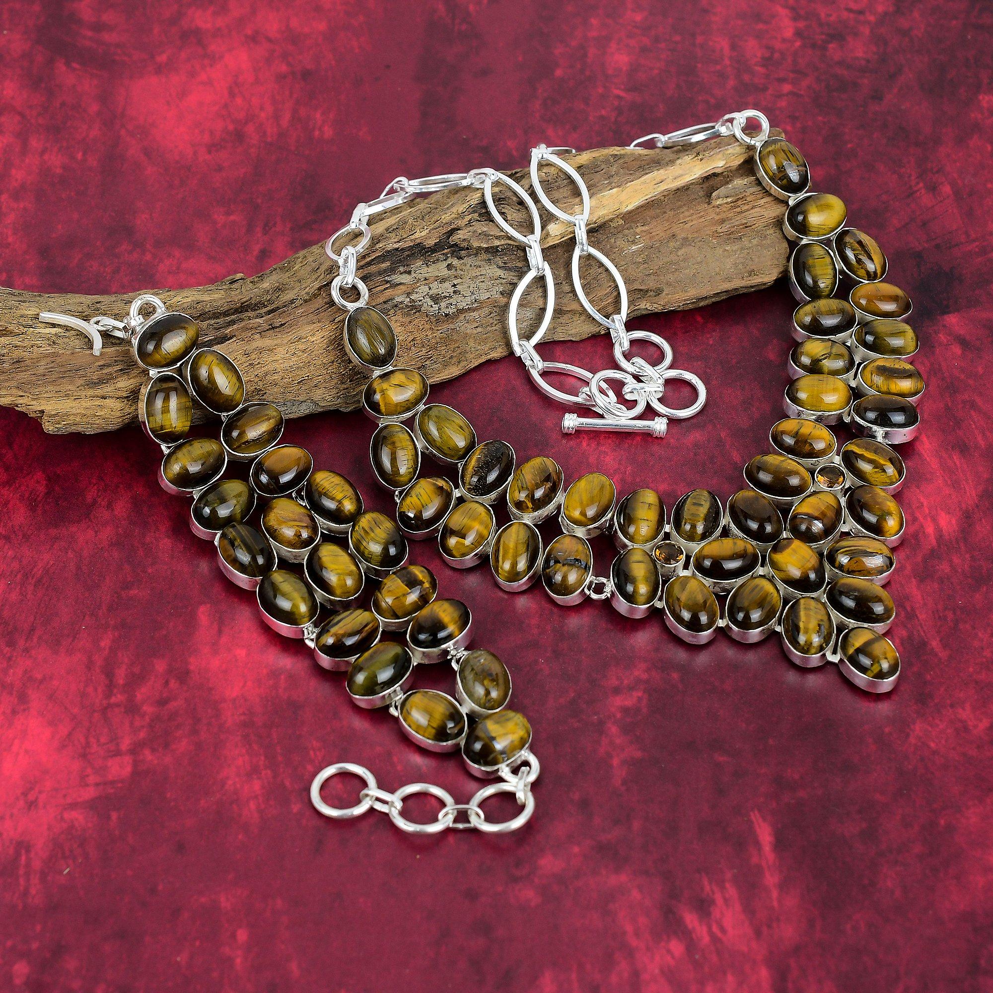 Tigerauge 925 Massiv Sterlingsilber Armband, Handgefertigte Edelstein-Halskette, Antikes Armband- & Halsketten-Schmuckset