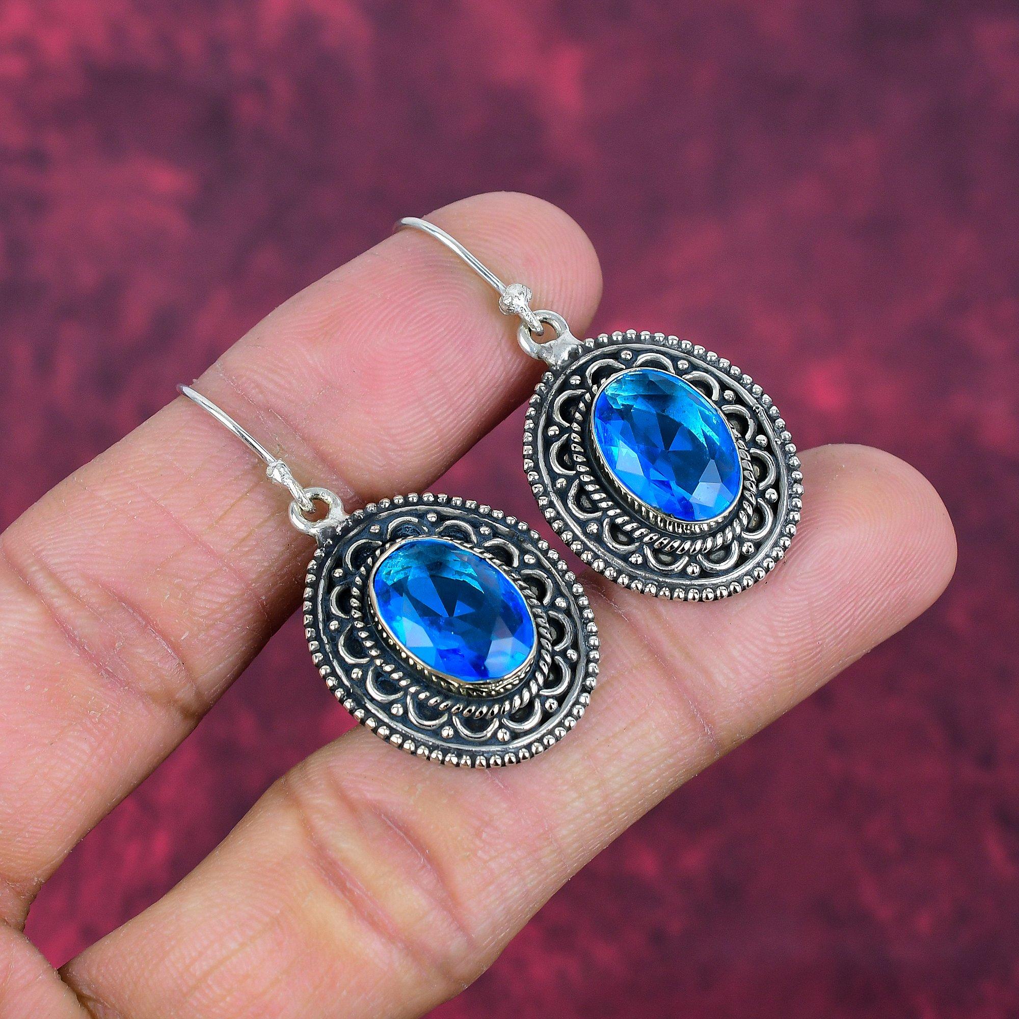 Blue Topaz Earrings, 925 Solid Sterling Silver Gemstone Jewelry, Handmade Earrings, For Thanksgiving
