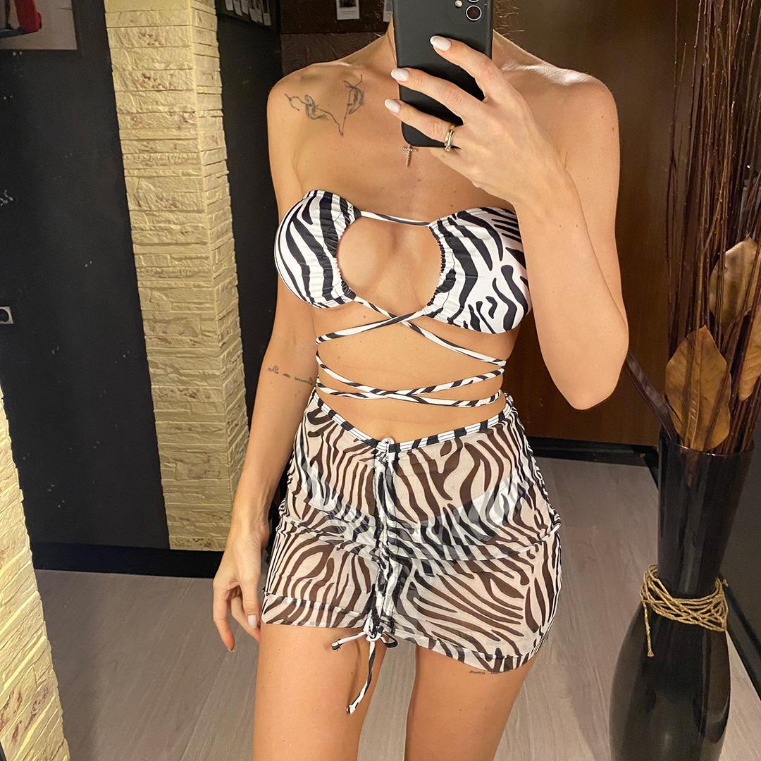 Novinka Se sukní Zebra Potištěný Zavinovač Kolem Bikin Dámské Plavky Dámské Plavky Třídílné Bikiny Souprava Koupání Plavky