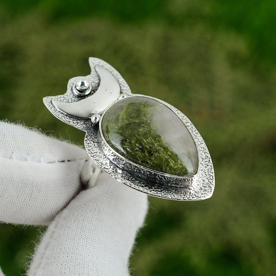 Natural Solar Moss Agate Mother Crescent Moon Solitaire New Ring Sterling Silver