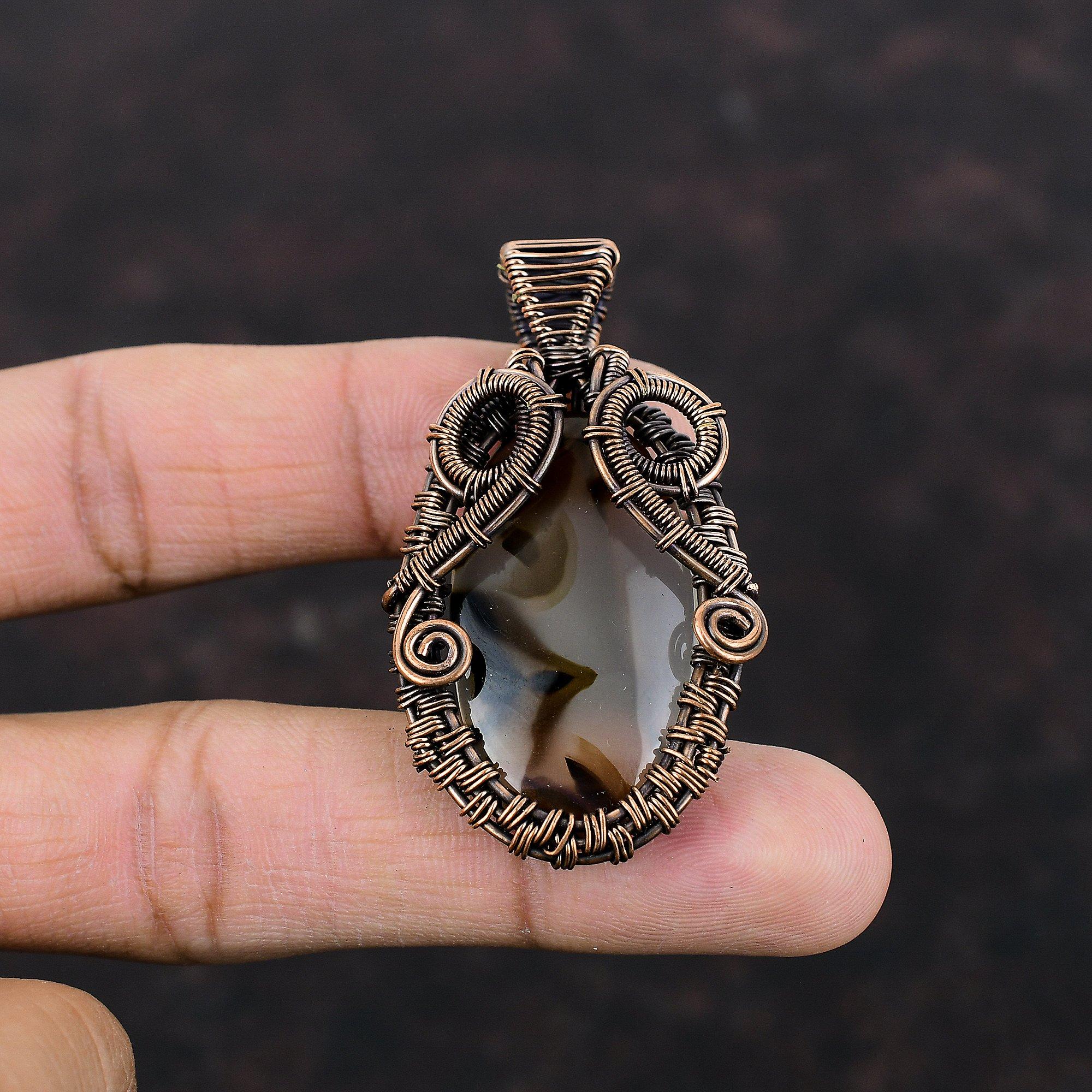 Pendentif Agate du Montana Fil de Cuivre Enroulé Bijou Pendentif Pierre Précieuse Pendentif Élégant Bijou Fait Main Pendentif Fil de Cuivre Enroulé Cadeau Pour Lui