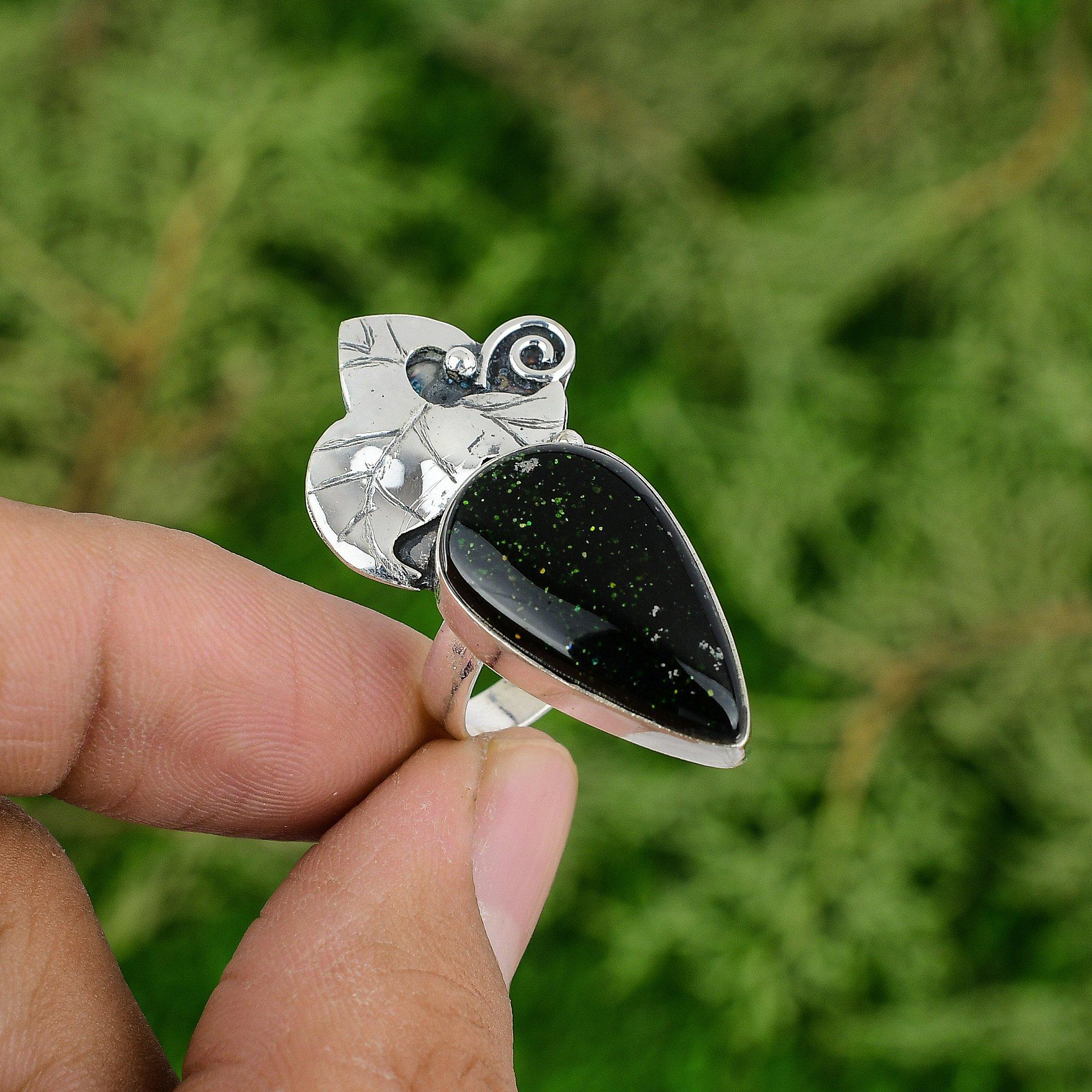 Gift For Her Natural Green Sunstone Statement Ring Size 7.25 925 Silver