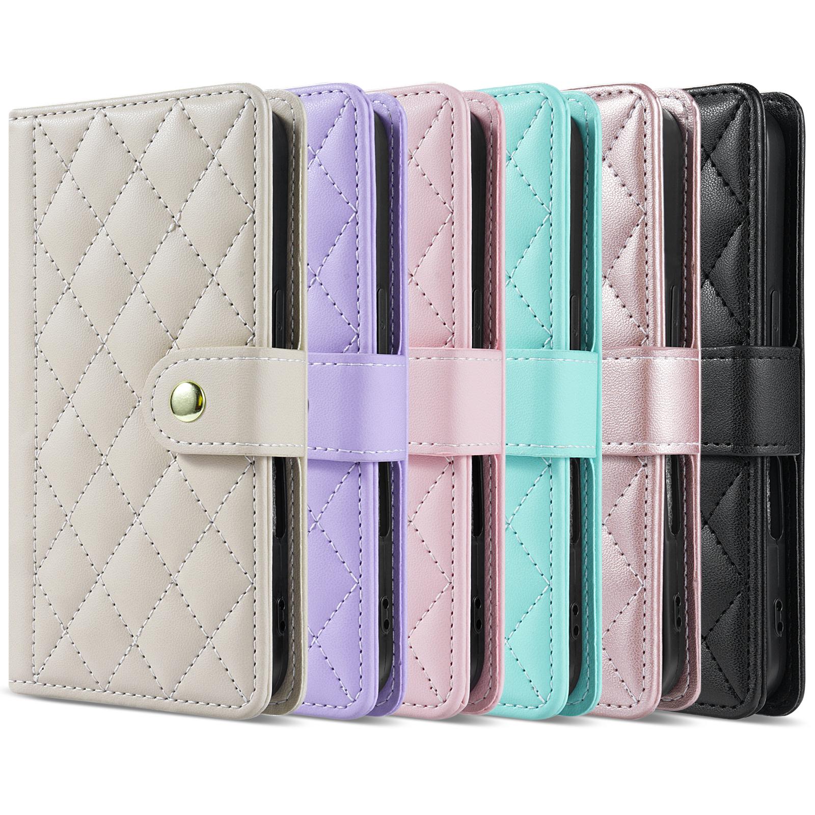 Funda tipo cartera de cuero con diseño de rejilla 3D y correa de lujo, soporte para libro para iPhone 17 16 15 Pro Max Samsung S25 S24 Plus A17 A16, para chicas, ranura magnética para tarjetas, tapa abatible