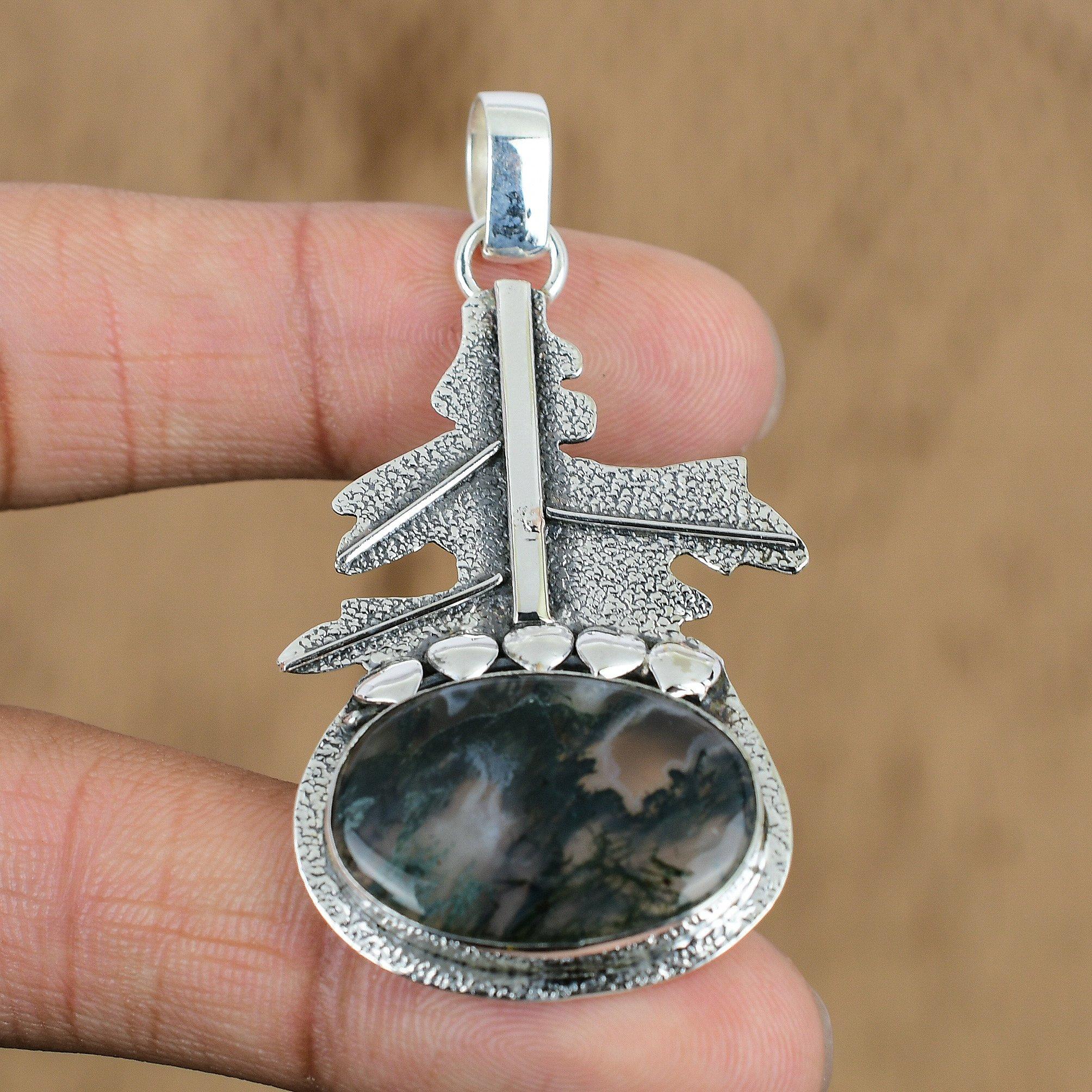 Birthday Gift For Her Natural Solar Moss Agate Gemstone Pendant 925 Silver