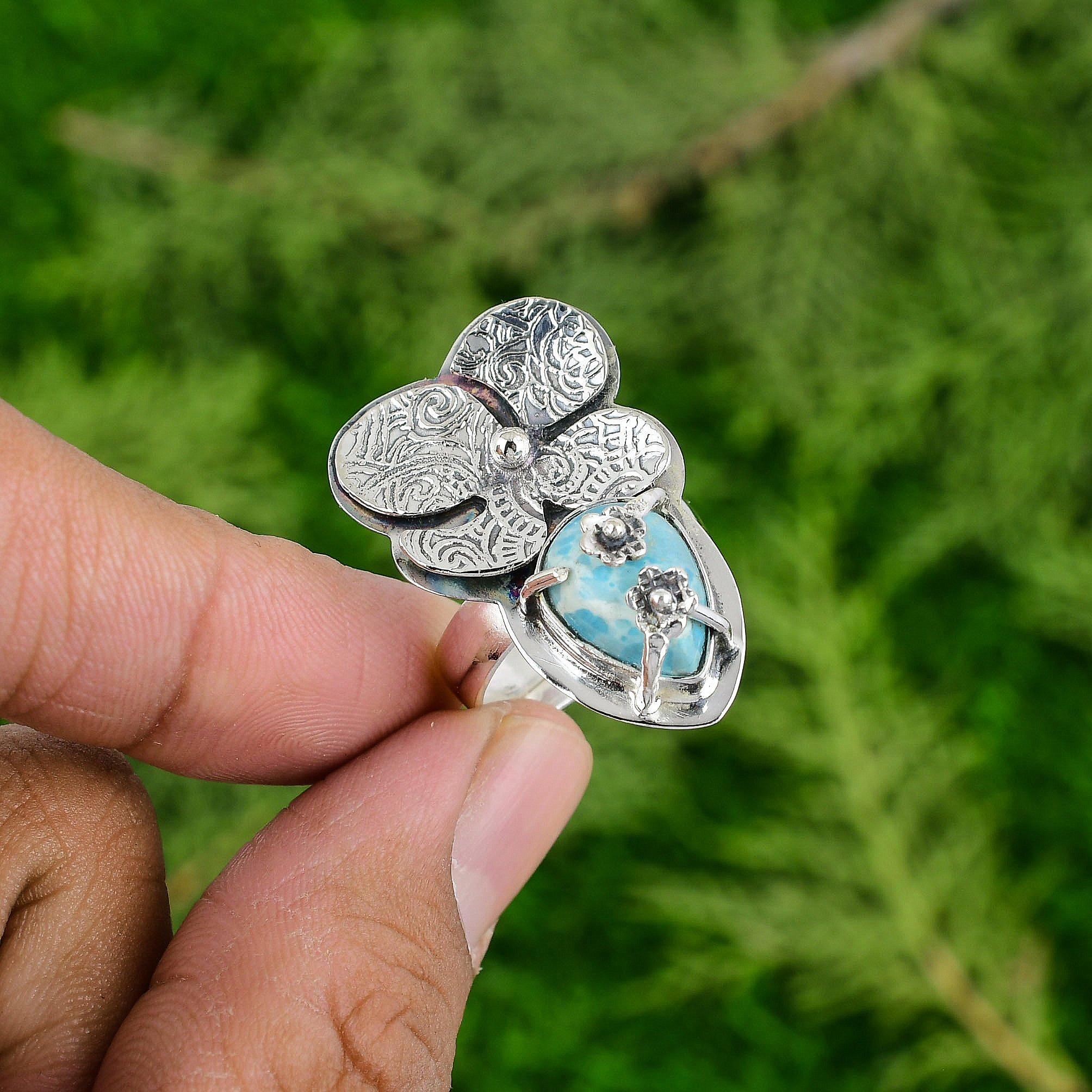 Mothers day Deal 925 Sterling Silver Larimar Stone Promise Flower Ring Jewelry