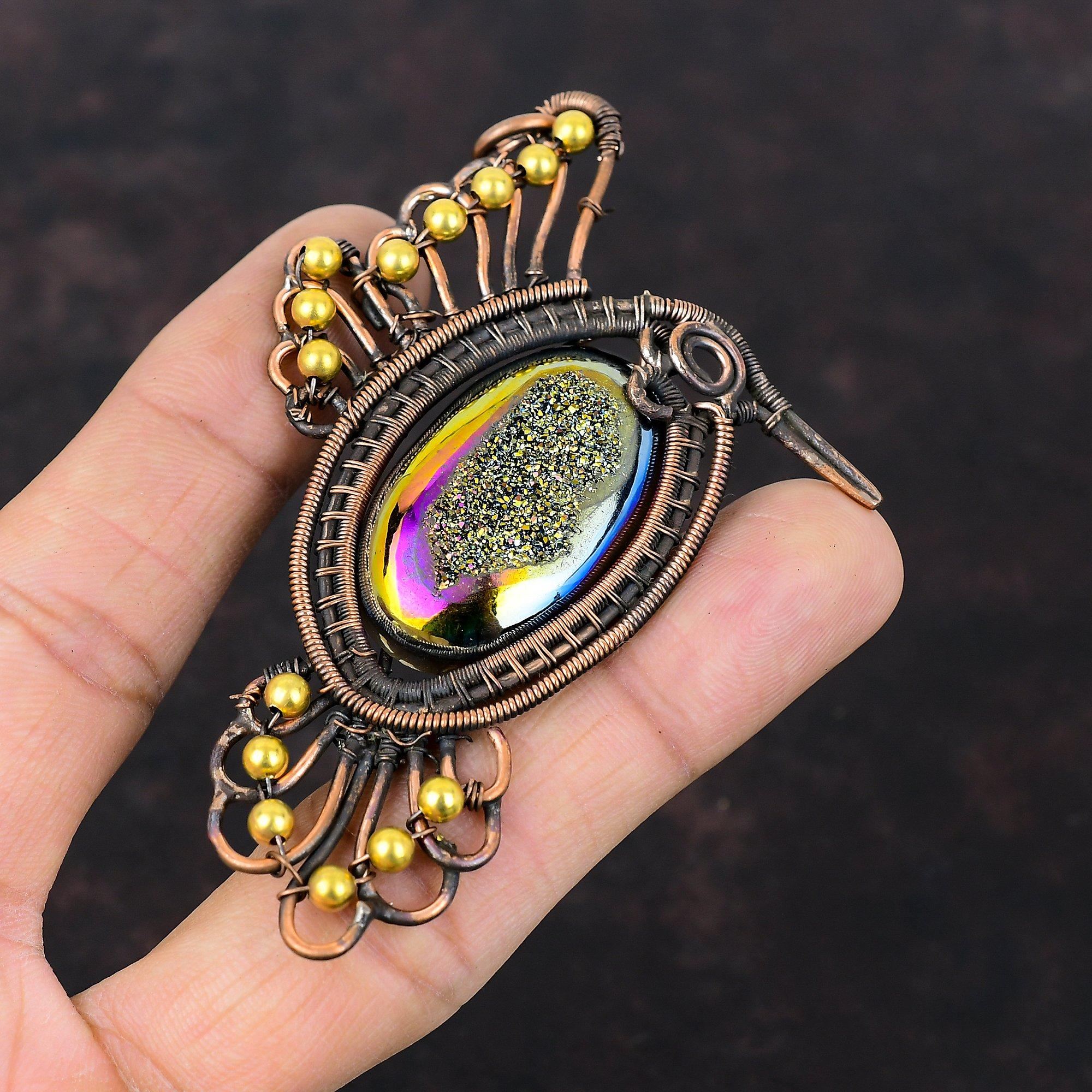 Titanium Druzy Pendant Copper Wire Wrapped Pendant Handmade Pendant Bird Pendant Copper Jewelry Gemstone Pendant Unique Jewelry Gift For Him